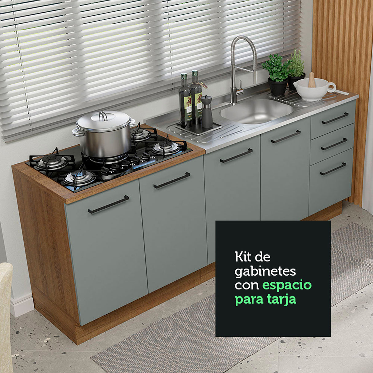 Set X 2 Muebles Inferiores de Cocina Agata Marrón y Gris 200x84cm sin Mesón sin Pozuelo y con Tres Cajones - MUEBLES INFERIORES DE COCINA | Bylmo
