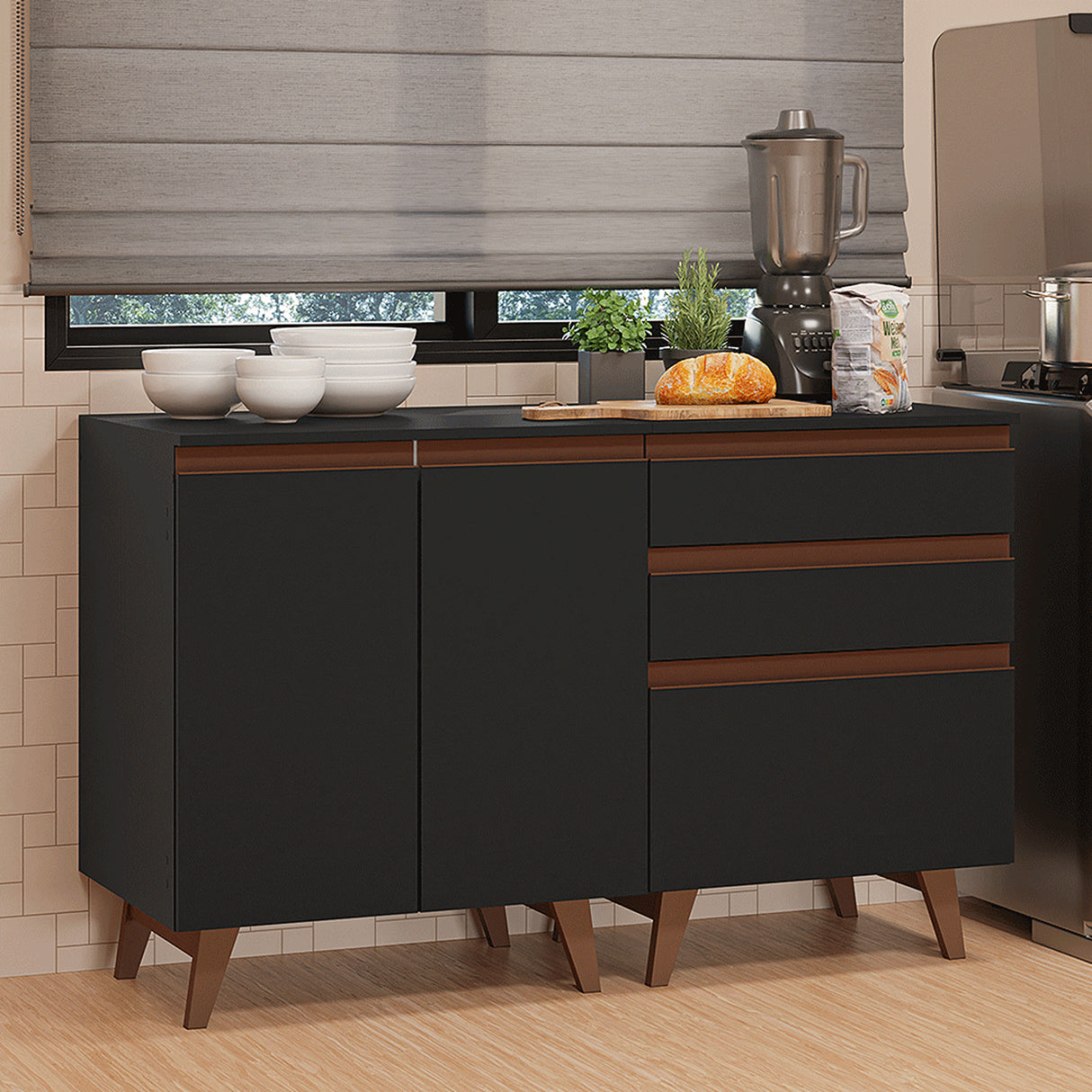 Set X 2 Muebles Inferiores de Cocina Reims Negro y Marrón 130x83cm sin Mesón sin Pozuelo y con Tres Cajones - MUEBLES INFERIORES DE COCINA | Bylmo