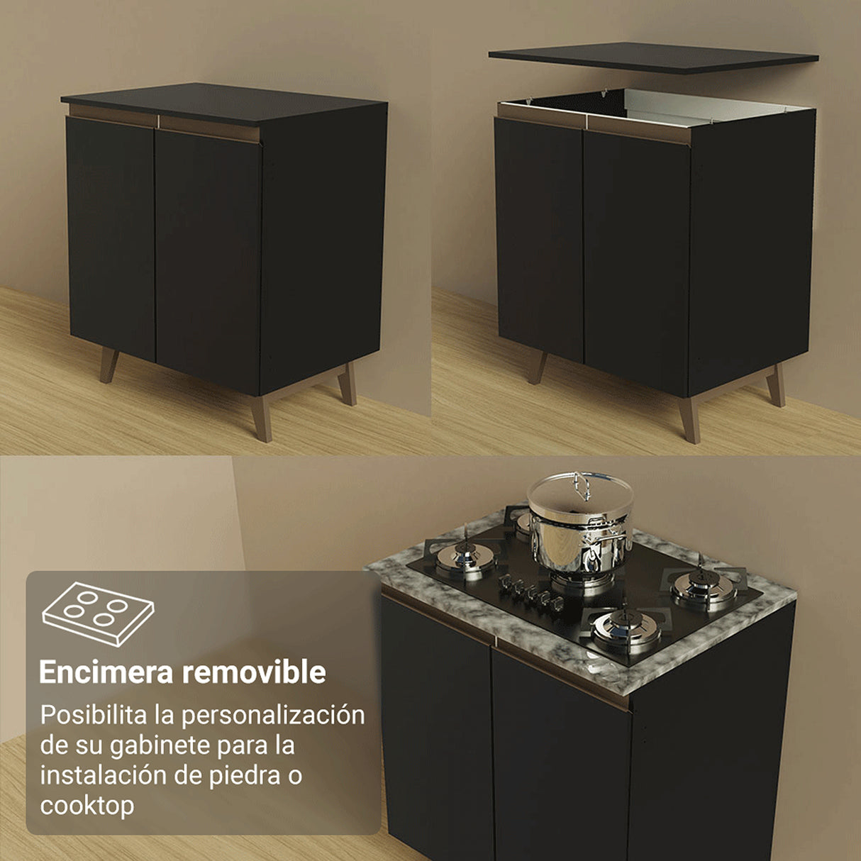 Set X 2 Muebles Inferiores de Cocina Reims Negro y Marrón 130x83cm sin Mesón sin Pozuelo y con Tres Cajones - MUEBLES INFERIORES DE COCINA | Bylmo