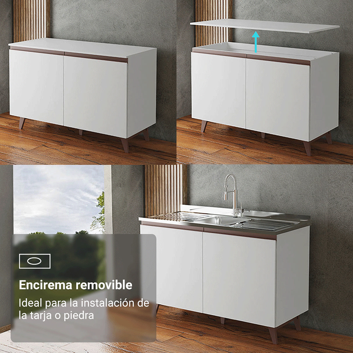 Set X 3 Muebles Inferiores de Cocina Reims Blanco 240x83cm sin Mesón sin Pozuelo y con Seis Cajones - MUEBLES INFERIORES DE COCINA | Bylmo