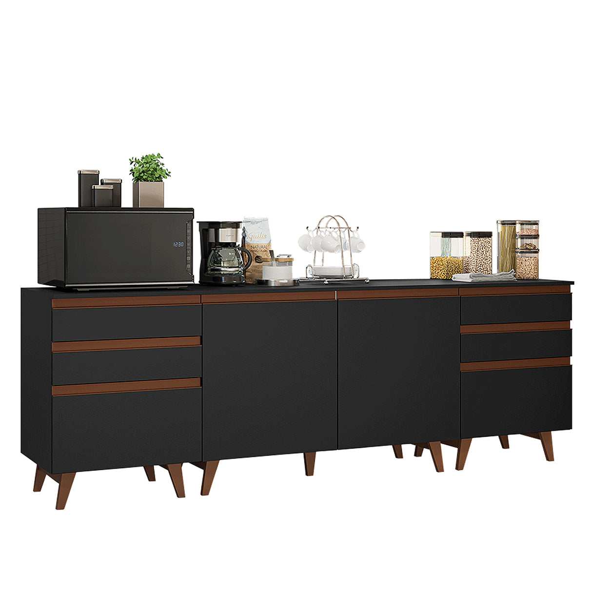 Set X 3 Muebles Inferiores de Cocina Reims Negro y Marrón 240x83cm sin Mesón sin Pozuelo y con Seis Cajones - MUEBLES INFERIORES DE COCINA | Bylmo