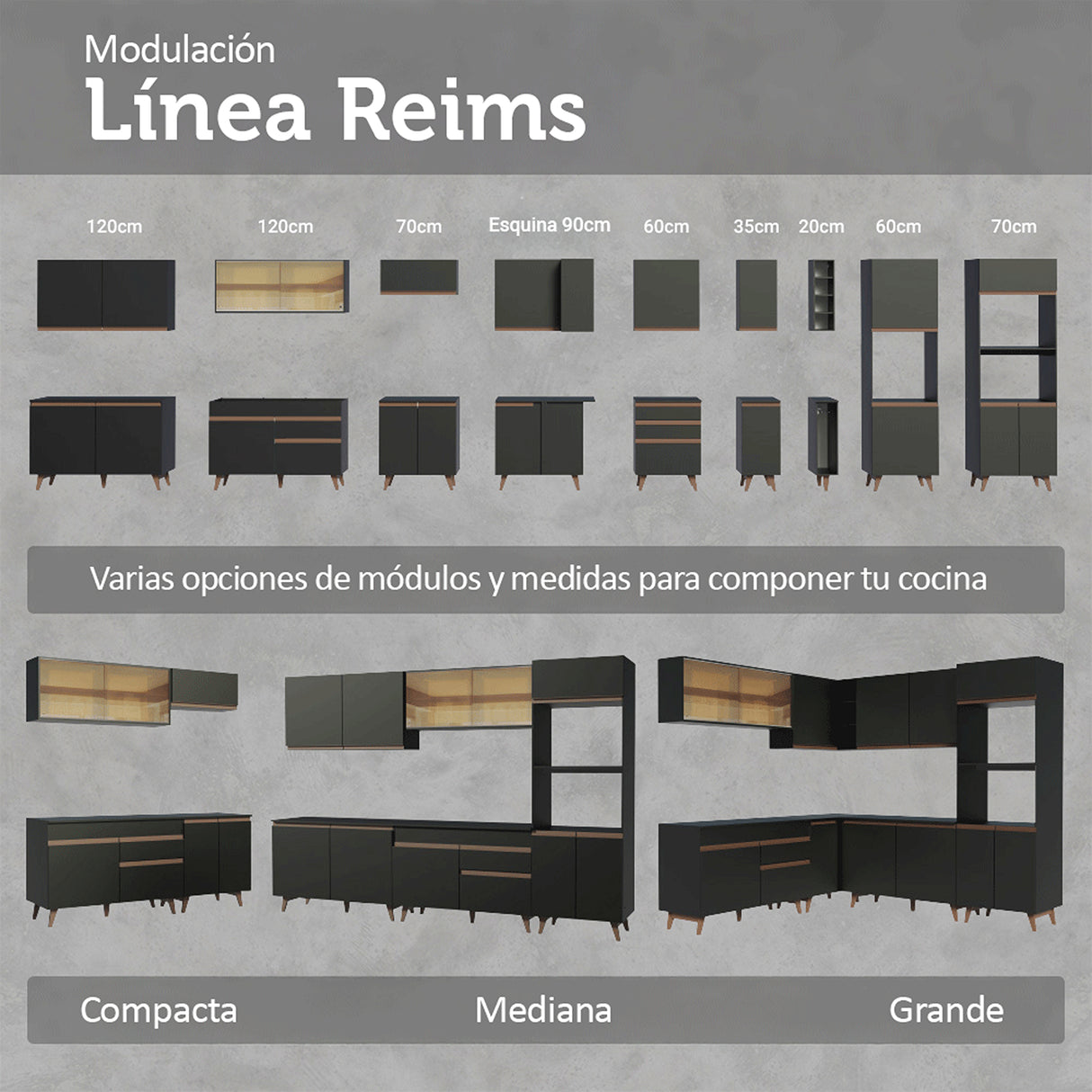 Set X 3 Muebles Inferiores de Cocina Reims Negro y Marrón 240x83cm sin Mesón sin Pozuelo y con Seis Cajones - MUEBLES INFERIORES DE COCINA | Bylmo