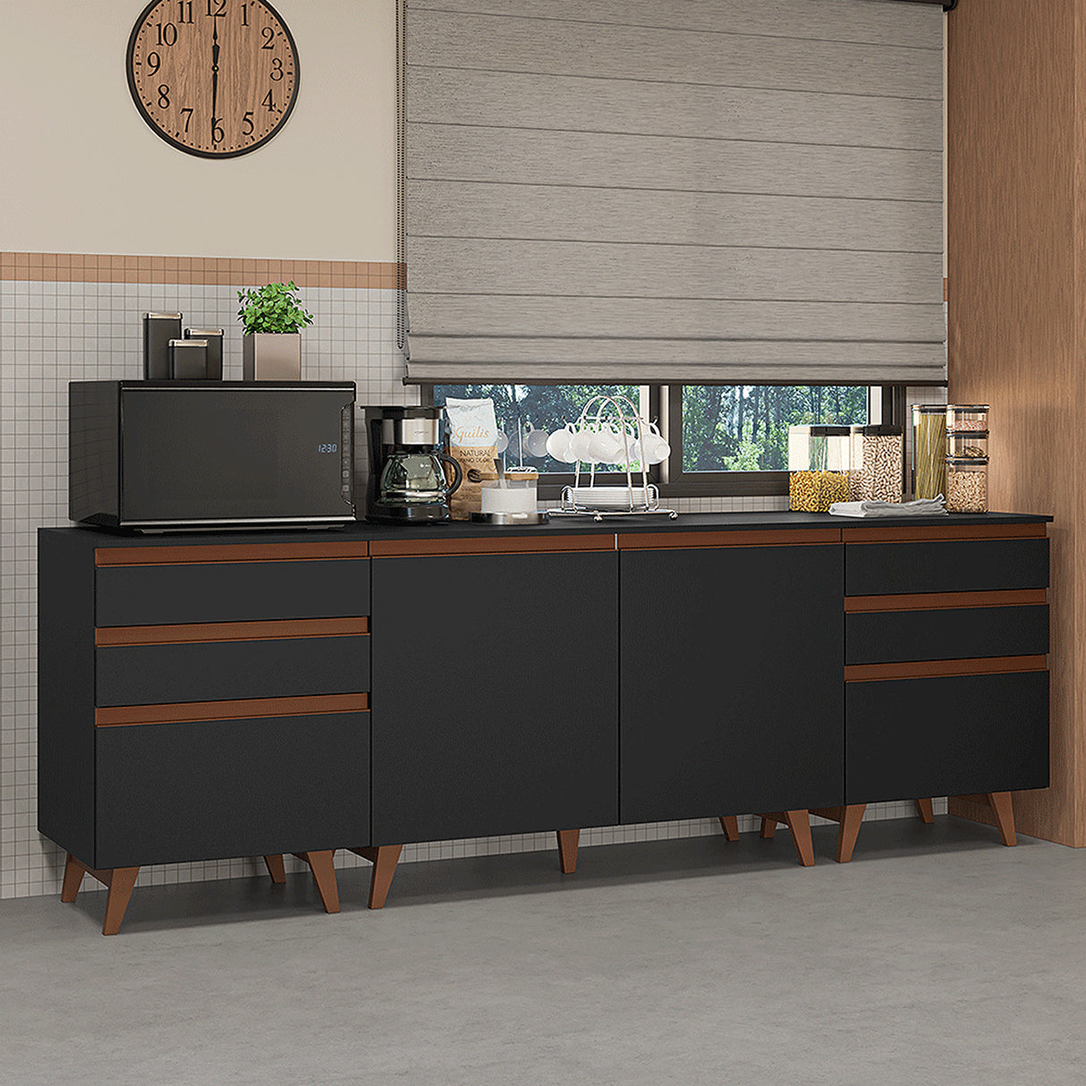 Set X 3 Muebles Inferiores de Cocina Reims Negro y Marrón 240x83cm sin Mesón sin Pozuelo y con Seis Cajones - MUEBLES INFERIORES DE COCINA | Bylmo