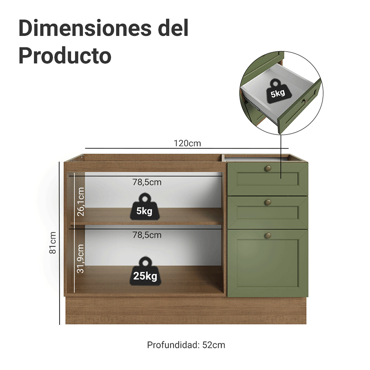 Gabinete de Cocina Vik Marrón y Verde 120x81cm sin Mesón sin Pozuelo y con Tres Cajones