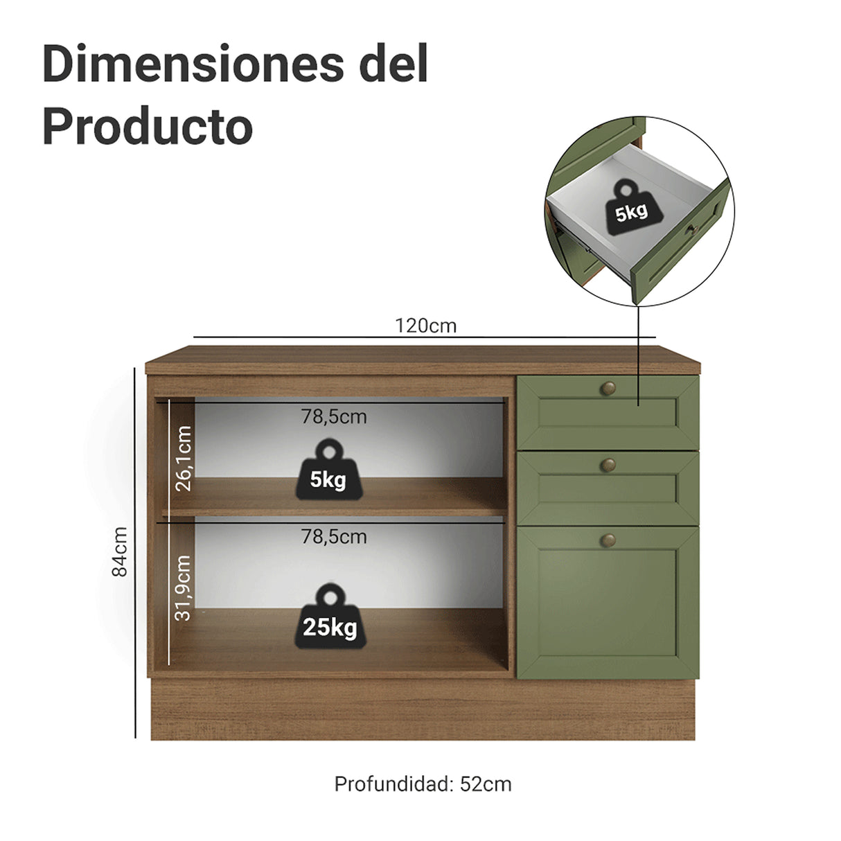 Gabinete de Cocina Vik Marrón y Verde 120x84cm con Mesón de Madera Aglomerada MDP sin Pozuelo y con Tres Cajones - MUEBLES INFERIORES DE COCINA | Bylmo