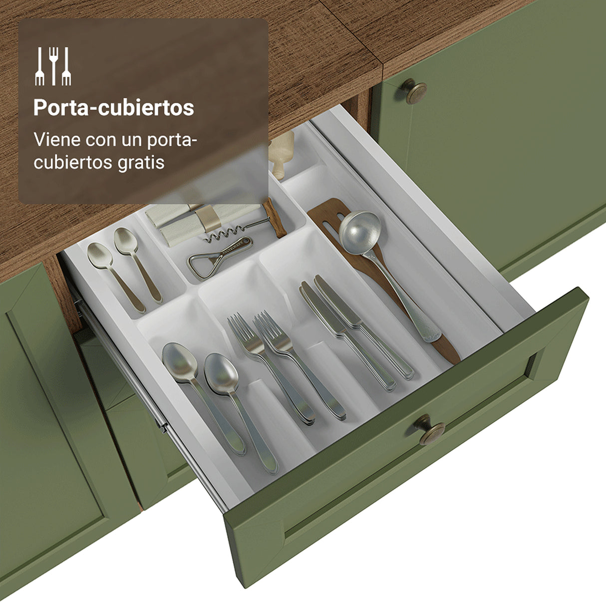 Gabinete de Cocina Vik Marrón y Verde 120x84cm con Mesón de Madera Aglomerada MDP sin Pozuelo y con Tres Cajones - MUEBLES INFERIORES DE COCINA | Bylmo