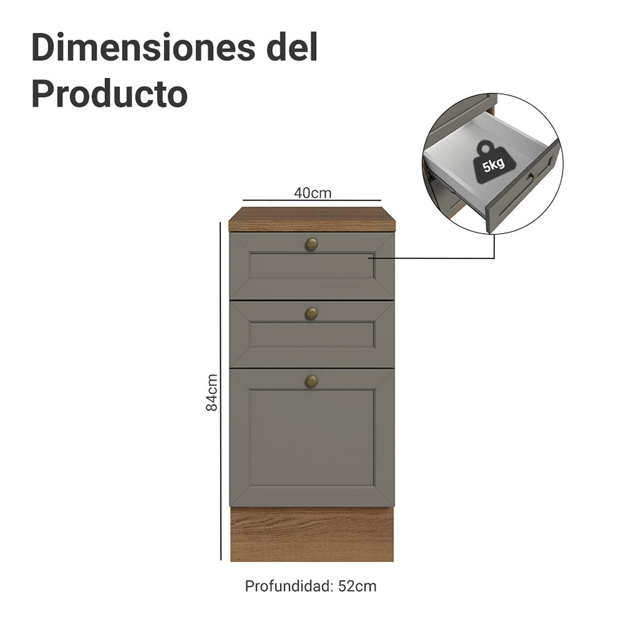 Gabinete de Cocina Vik Marrón y Gris 40x84cm sin Mesón sin Pozuelo y con Tres Cajones - MUEBLES INFERIORES DE COCINA | Bylmo