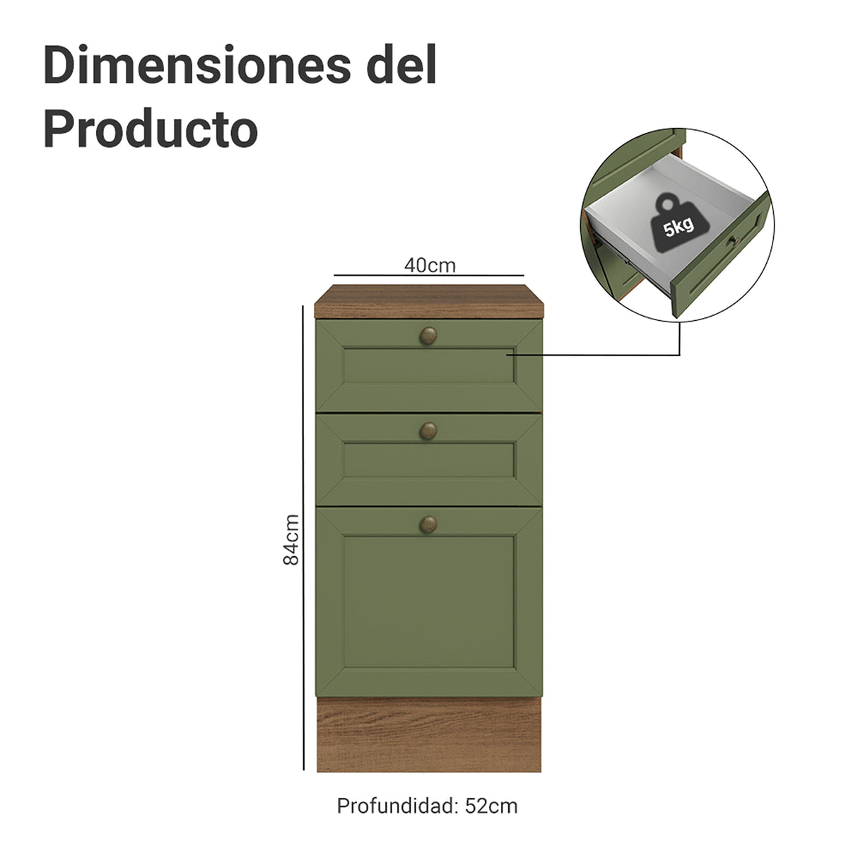 Gabinete de Cocina Vik Marrón y Verde 40x84cm sin Mesón sin Pozuelo y con Tres Cajones - MUEBLES INFERIORES DE COCINA | Bylmo