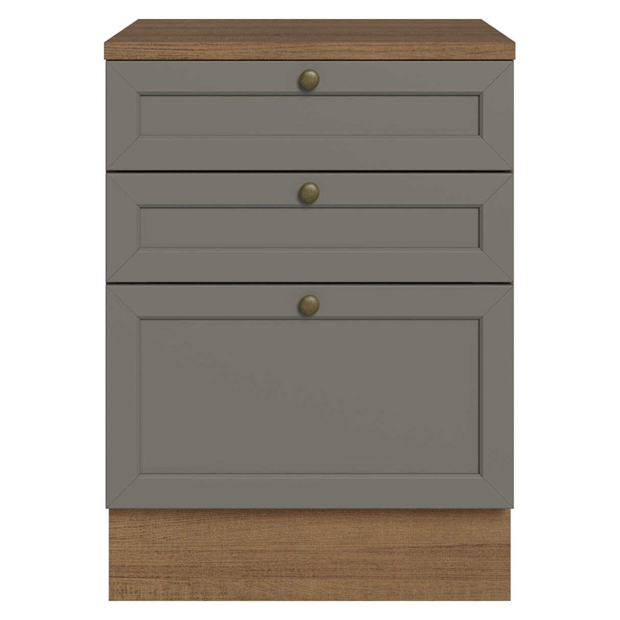Gabinete de Cocina Vik Marrón y Gris 60x84cm sin Mesón sin Pozuelo y con Tres Cajones - MUEBLES INFERIORES DE COCINA | Bylmo
