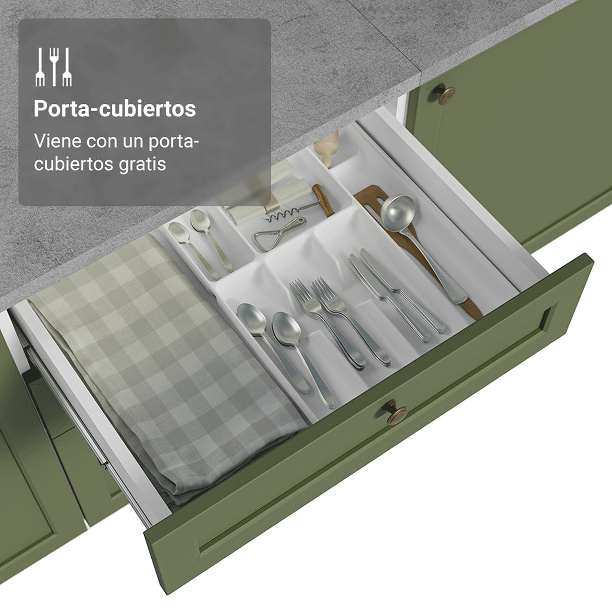 Gabinete de Cocina Vik Blanco y Verde 60x84cm sin Mesón sin Pozuelo y con Tres Cajones - MUEBLES INFERIORES DE COCINA | Bylmo