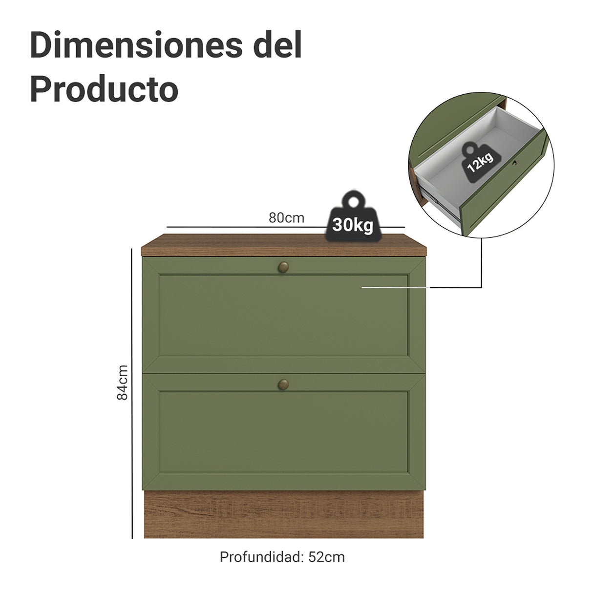 Gabinete de Cocina Vik Marrón y Verde 80x84cm sin Mesón sin Pozuelo y con Dos Cajones