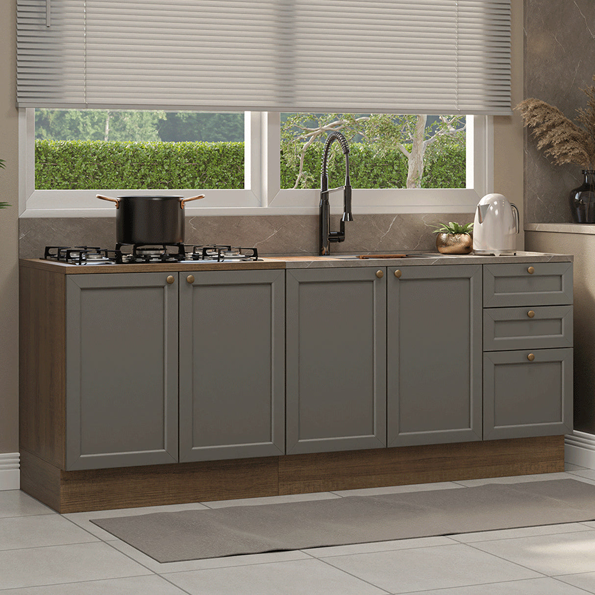 Set X 2 Muebles Inferiores de Cocina Vik Marrón y Gris 200x84cm sin Mesón sin Pozuelo - MUEBLES INFERIORES DE COCINA | Bylmo