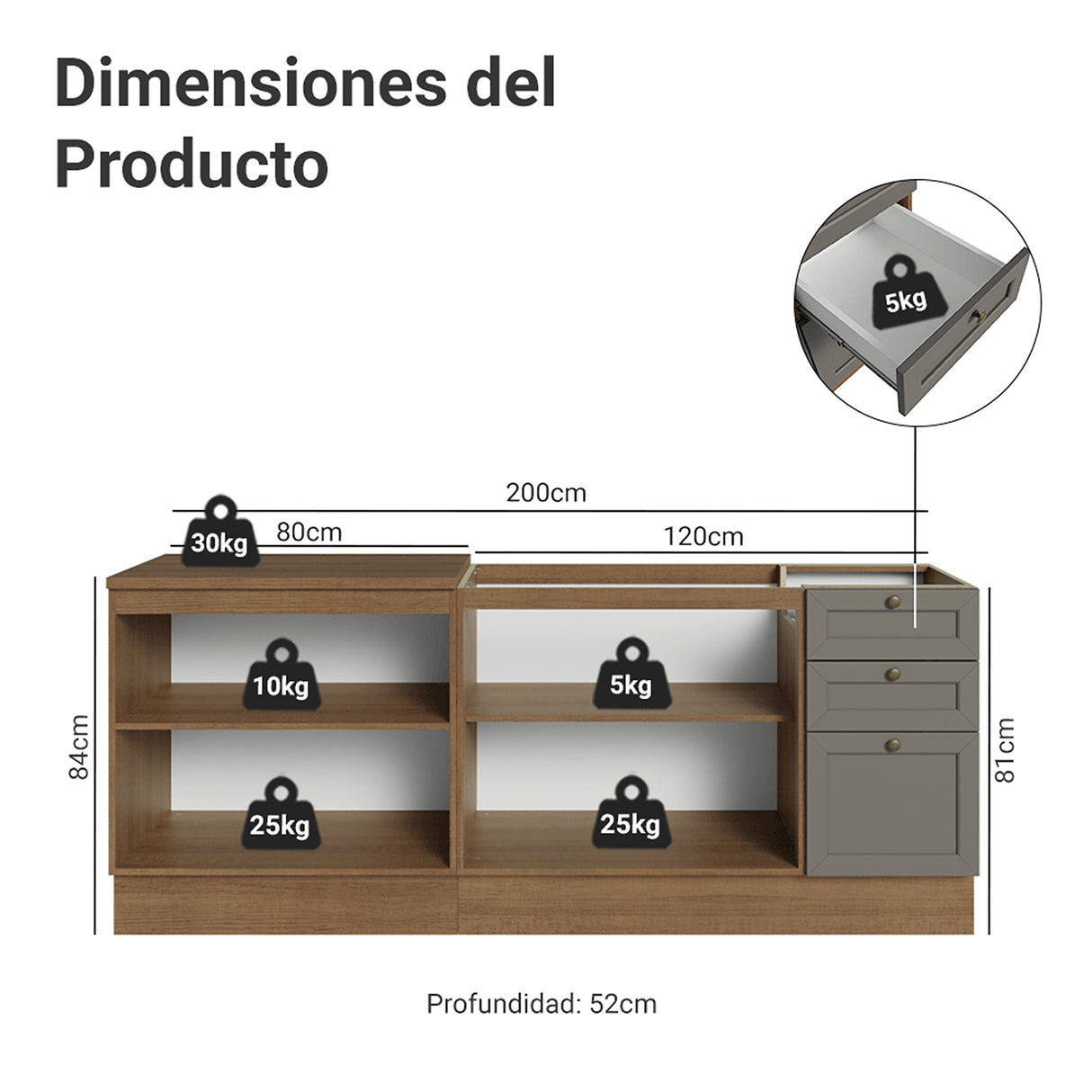 Set X 2 Muebles Inferiores de Cocina Vik Marrón y Gris 200x84cm sin Mesón sin Pozuelo - MUEBLES INFERIORES DE COCINA | Bylmo