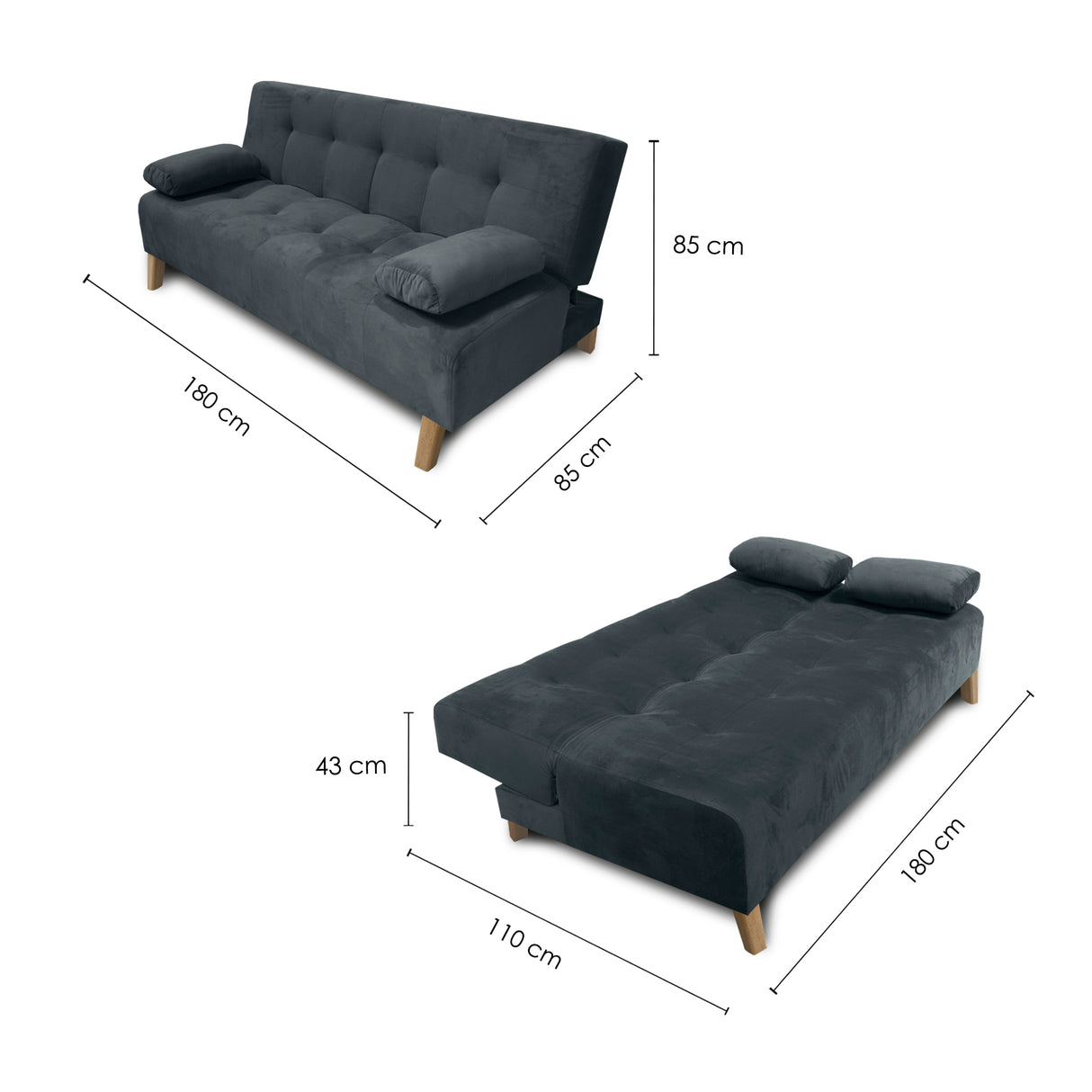 Sofacama Glaser Gris Oscuro 180x85cm Reclinable de Tres Puestos con Apoya Brazos