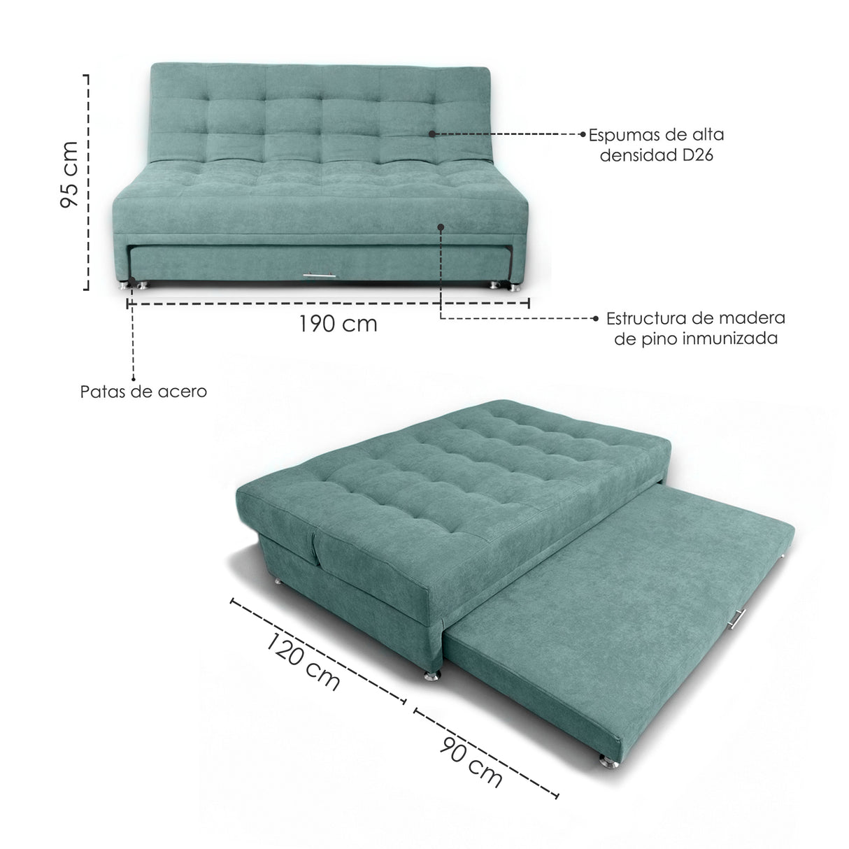 Sofá Cama Tarima Brooke Turquesa 190x95cm Reclinable de Tres Puestos sin Apoya Brazos