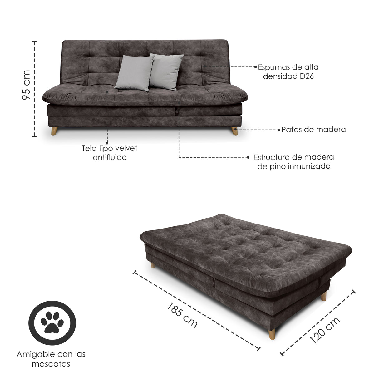 Sofá Cama Tarima Agassi Café 190x95cm Reclinable De Tres Puestos Sin Apoya Brazos - SOFAS Y POLTRONAS | Bylmo