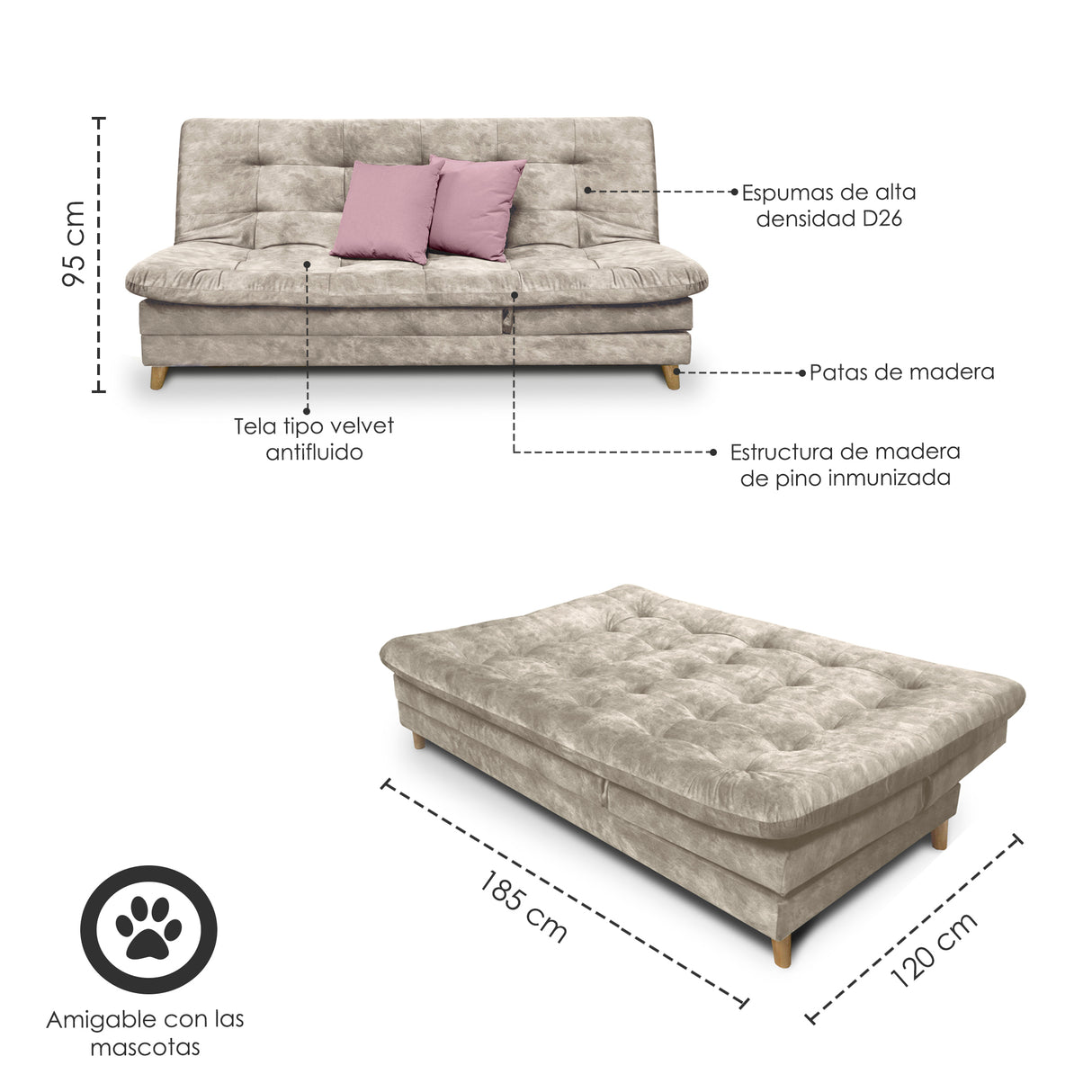 Sofá Cama Tarima Agassi Camel 190x95cm Reclinable de Tres Puestos sin Apoya Brazos - SOFAS Y POLTRONAS | Bylmo