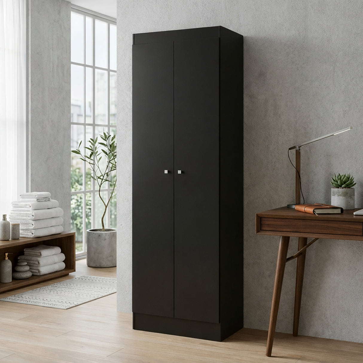 Mueble de Aseo Negro 55x185cm con Dos Puertas y Seis Compartimientos