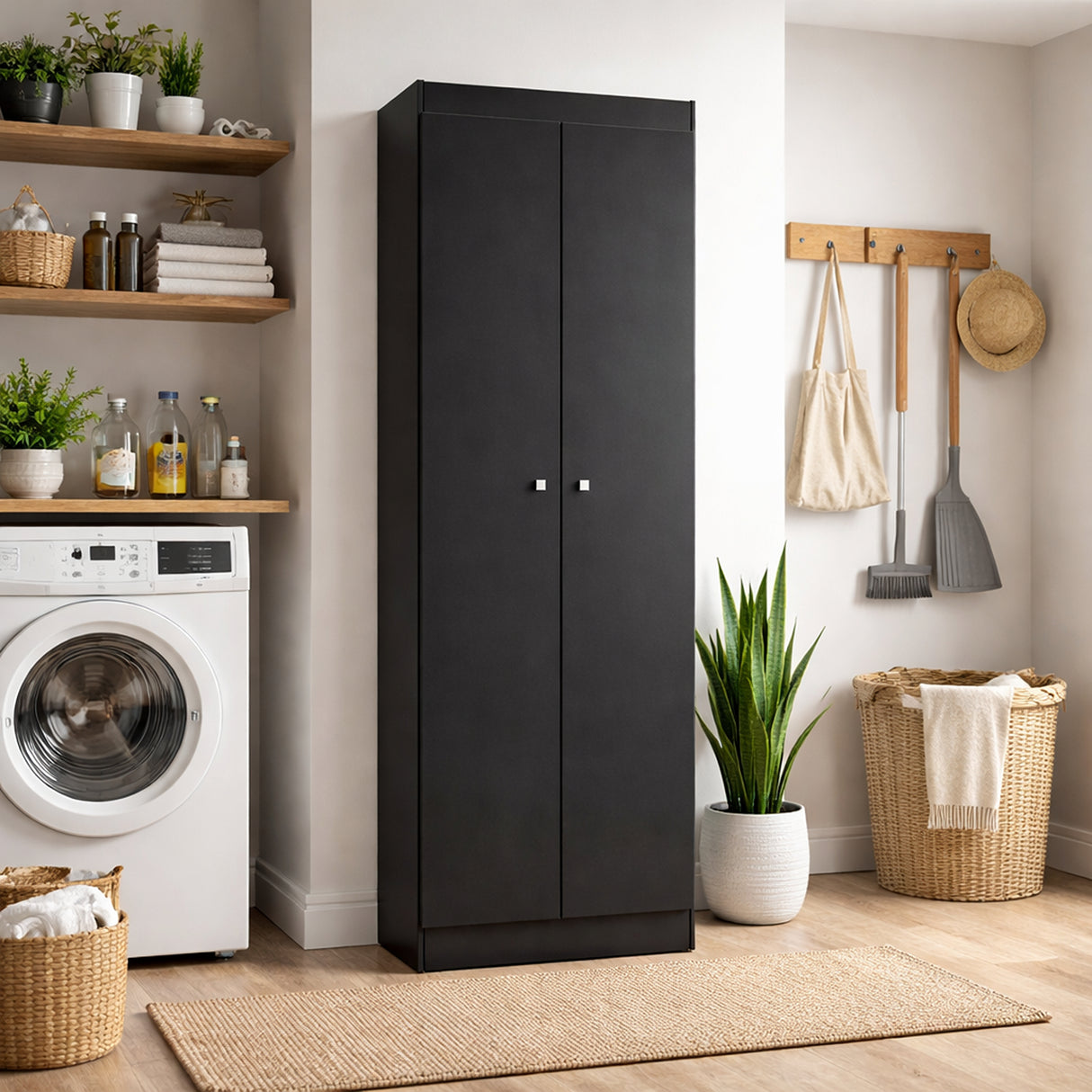 Mueble de Aseo Negro 55x185cm con Dos Puertas y Seis Compartimientos