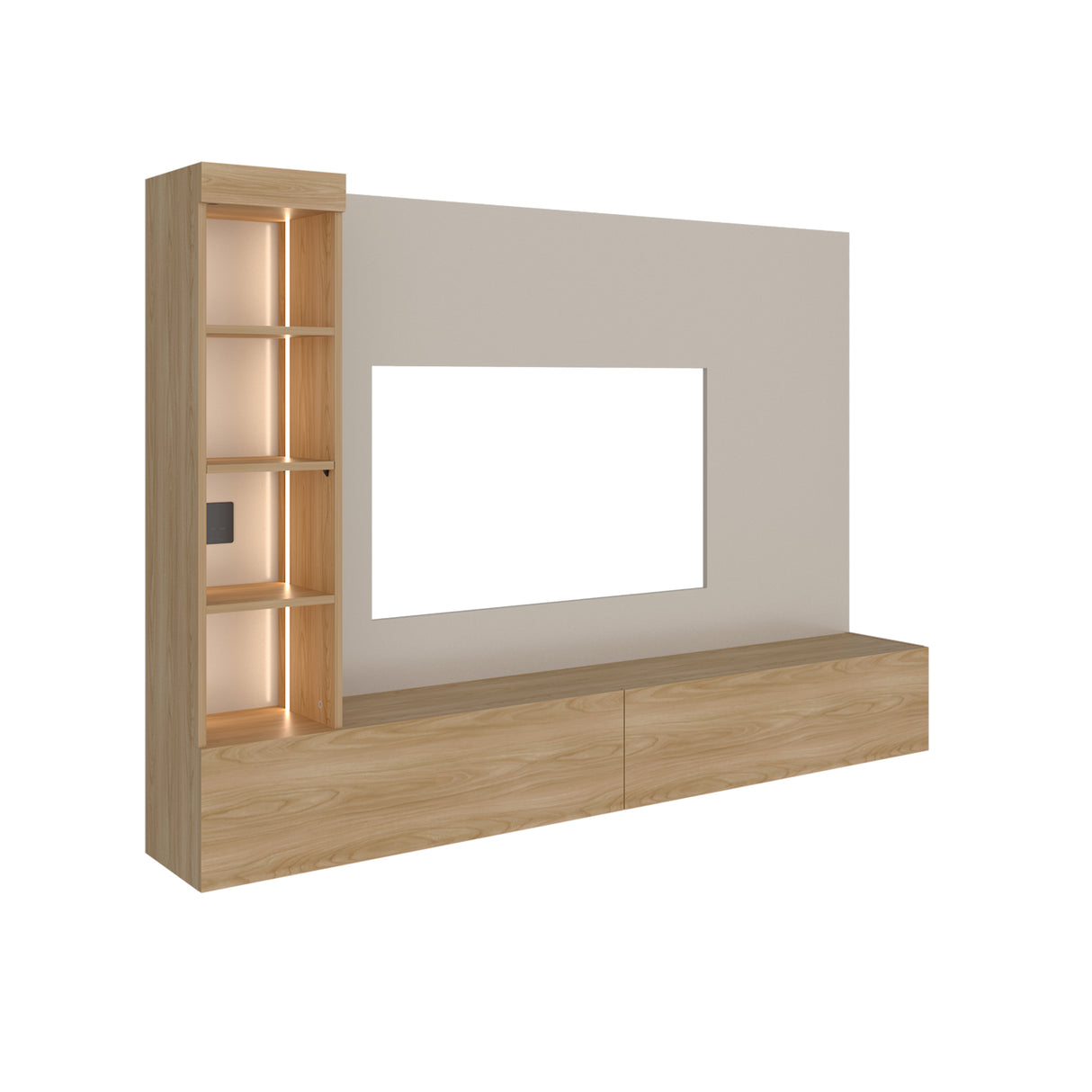 Panel de TV Ilus Capri y Fresno Europeo 185x127.5cm para TV Hasta 65 Pulgadas con Cuatro Compartimientos