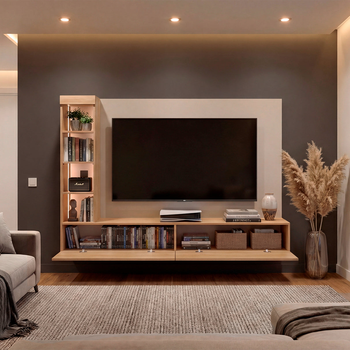 Panel de TV Ilus Capri y Fresno Europeo 185x127.5cm para TV Hasta 65 Pulgadas con Cuatro Compartimientos