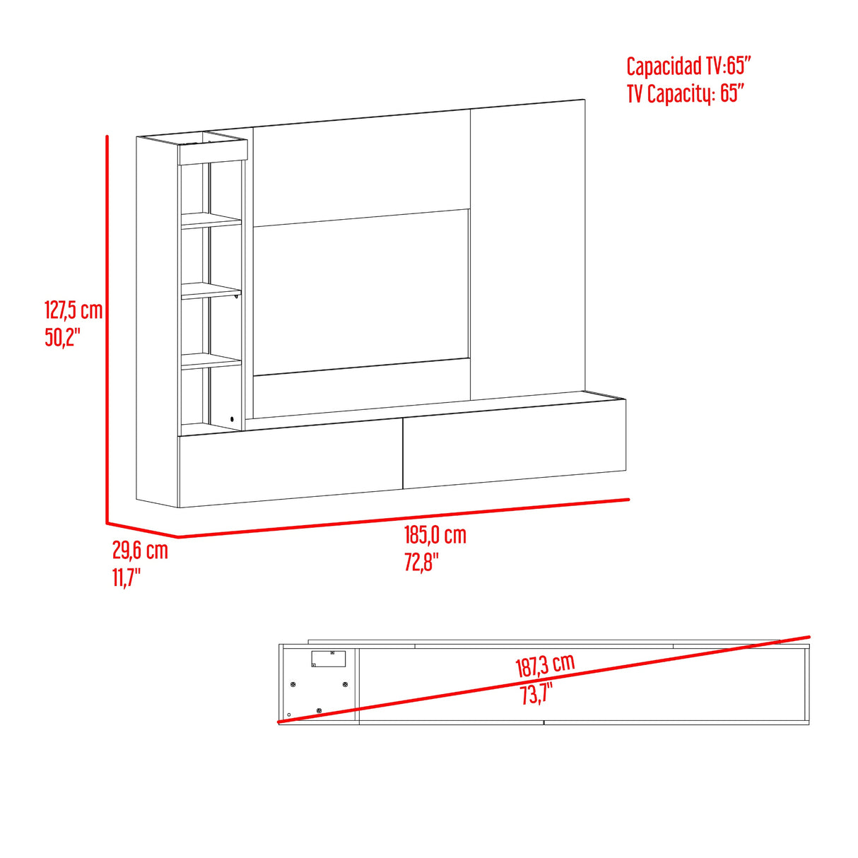 Panel de TV Ilus Capri y Fresno Europeo 185x127.5cm para TV Hasta 65 Pulgadas con Cuatro Compartimientos