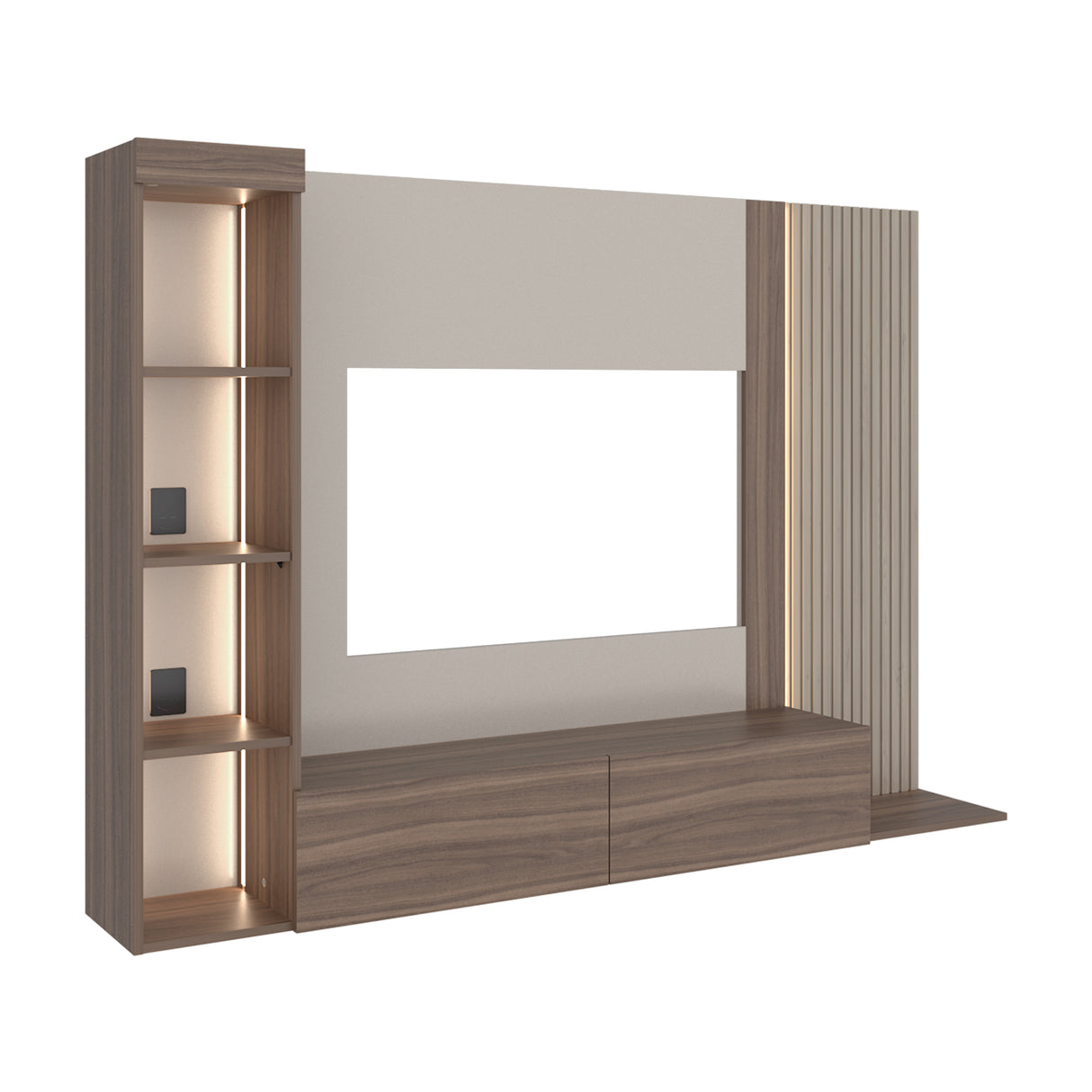 Panel de TV Gamma Capri y Avellana 184.2x127.5cm para TV Hasta 65 Pulgadas con Cuatro Compartimientos