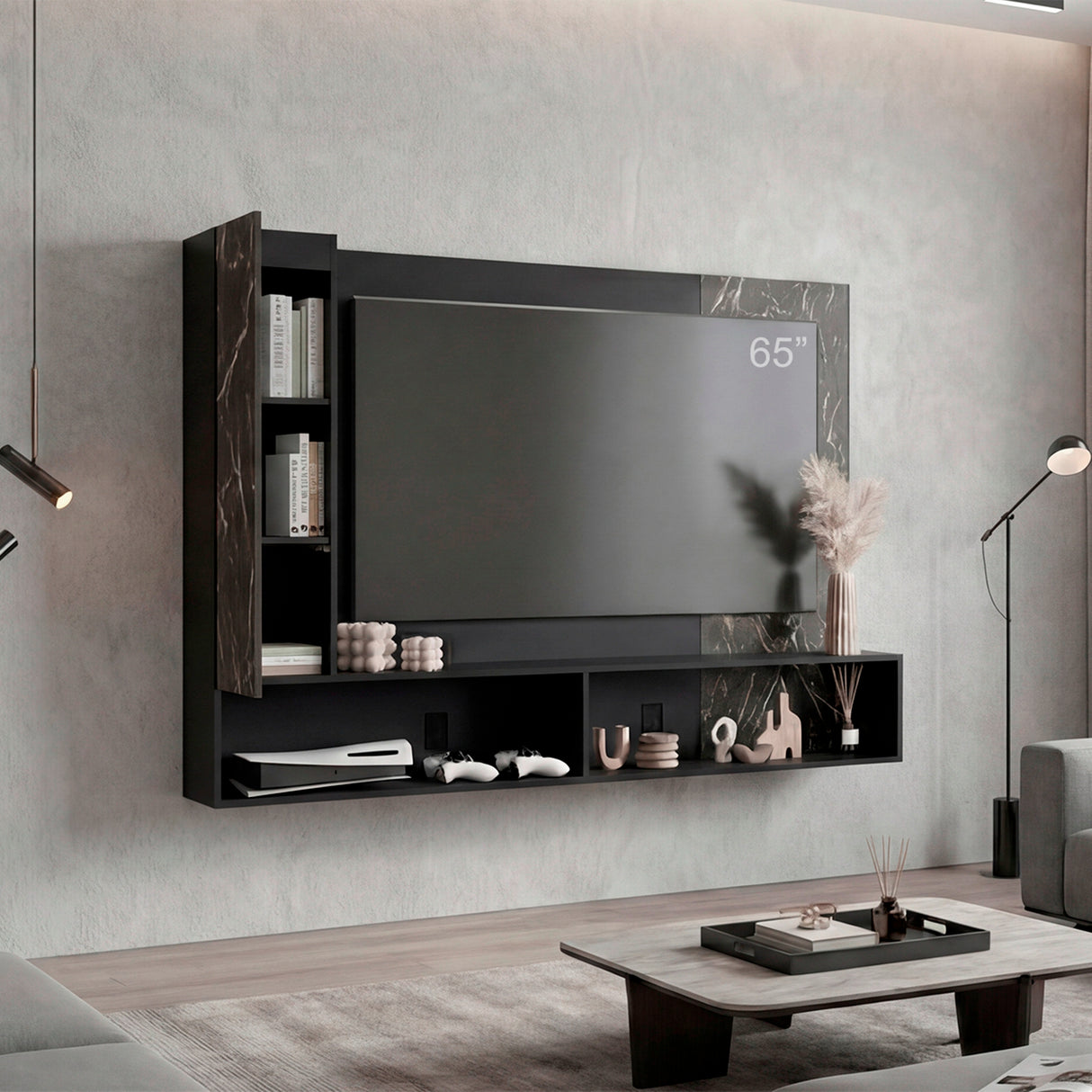 Panel de TV Beta Wengue y Mamba 185x128.5cm para TV Hasta 65 Pulgadas con Dos Compartimientos - MUEBLES DE TV | Bylmo