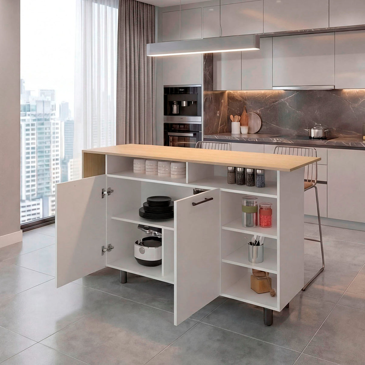 Isla de Cocina Corcega Blanco y Fresno 150x89.5cm con Cinco Compartimientos y con Dos Entrepaños - BARRAS Y MUEBLES AUXILIARES | Bylmo