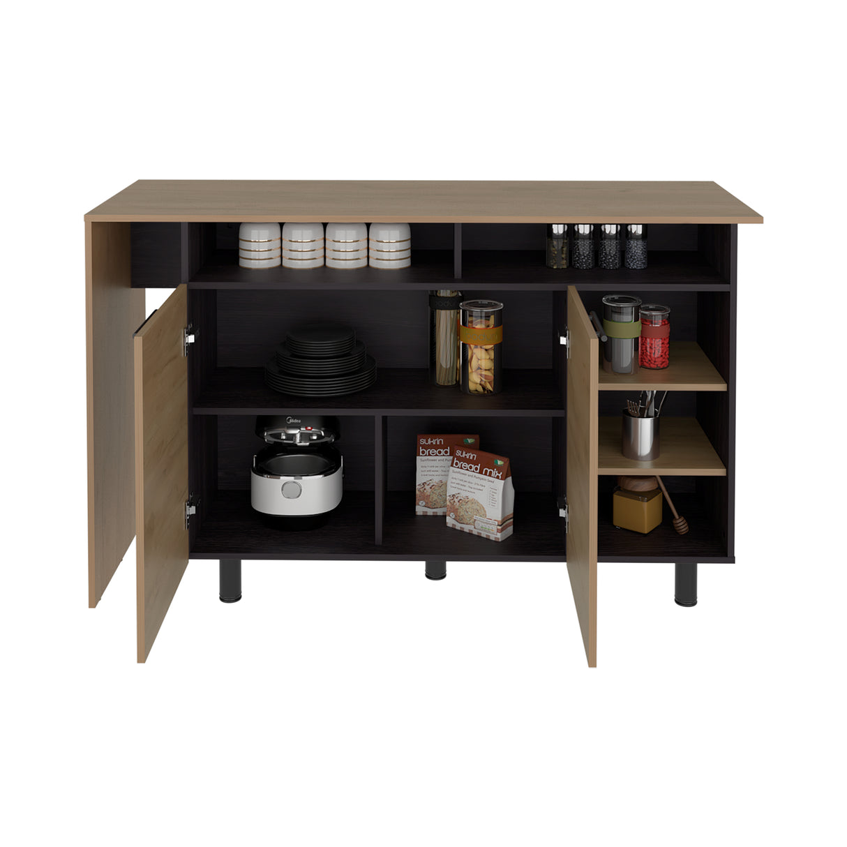 Isla de Cocina Corcega Wengue y Fresno 180x212cm con Cinco Compartimientos y con Dos Entrepaños - BARRAS Y MUEBLES AUXILIARES | Bylmo