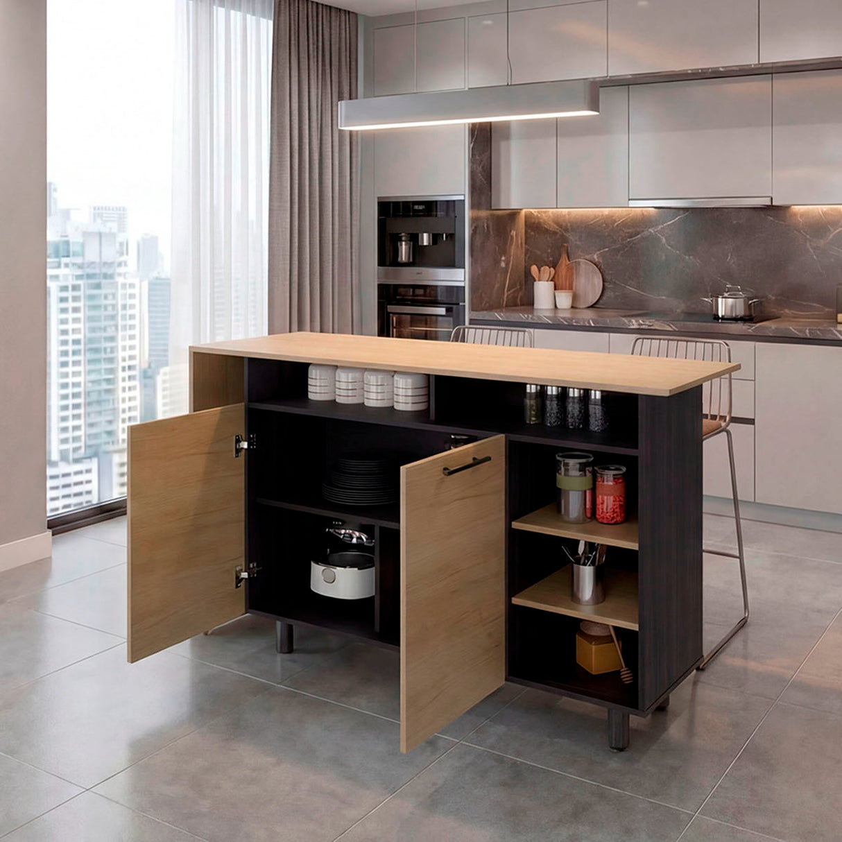 Isla de Cocina Corcega Wengue y Fresno 180x212cm con Cinco Compartimientos y con Dos Entrepaños - BARRAS Y MUEBLES AUXILIARES | Bylmo