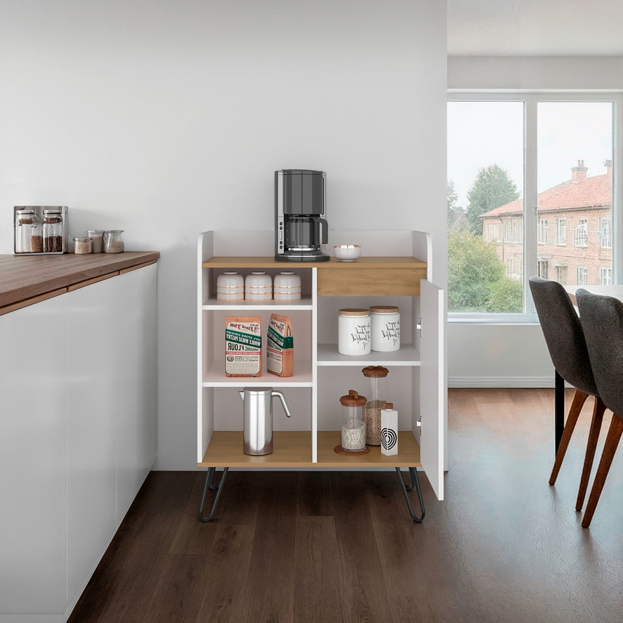 Mueble Auxiliar de Cocina Espresso Blanco y Fresno 80x99.4cm con Tres Compartimientos y con Tres Entrepaños - BARRAS Y MUEBLES AUXILIARES | Bylmo