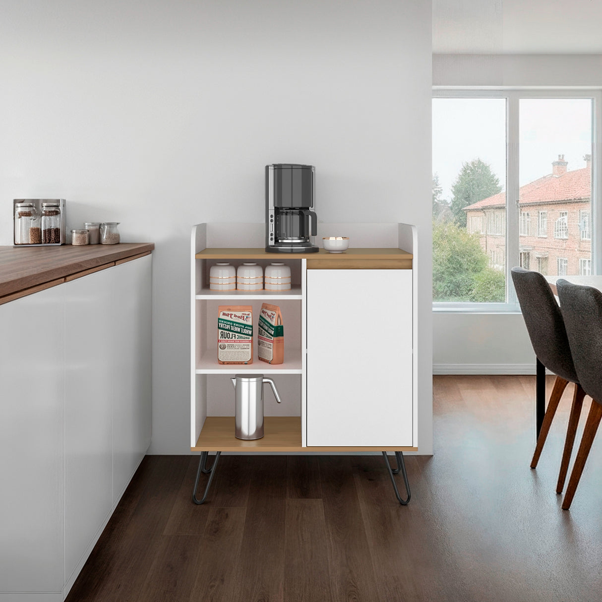 Mueble Auxiliar de Cocina Espresso Blanco y Fresno 80x99.4cm con Tres Compartimientos y con Tres Entrepaños - BARRAS Y MUEBLES AUXILIARES | Bylmo