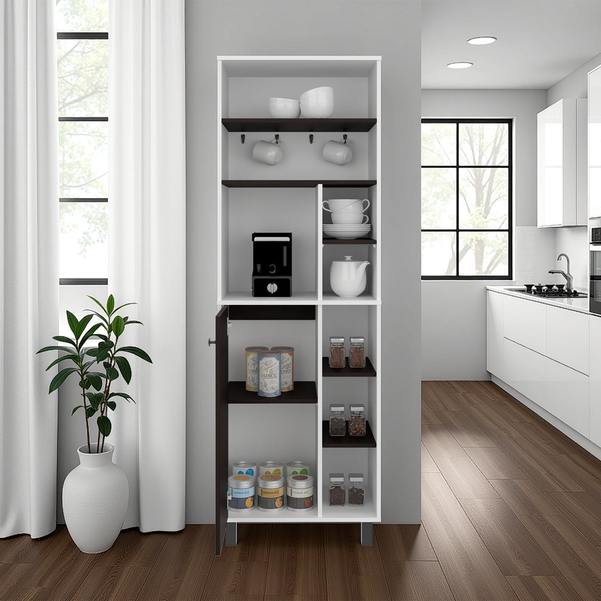 Mueble Auxiliar de Cocina Carajillo Blanco y Nogal 60x180cm con Cinco Compartimientos y con Cinco Entrepaños - BARRAS Y MUEBLES AUXILIARES | Bylmo