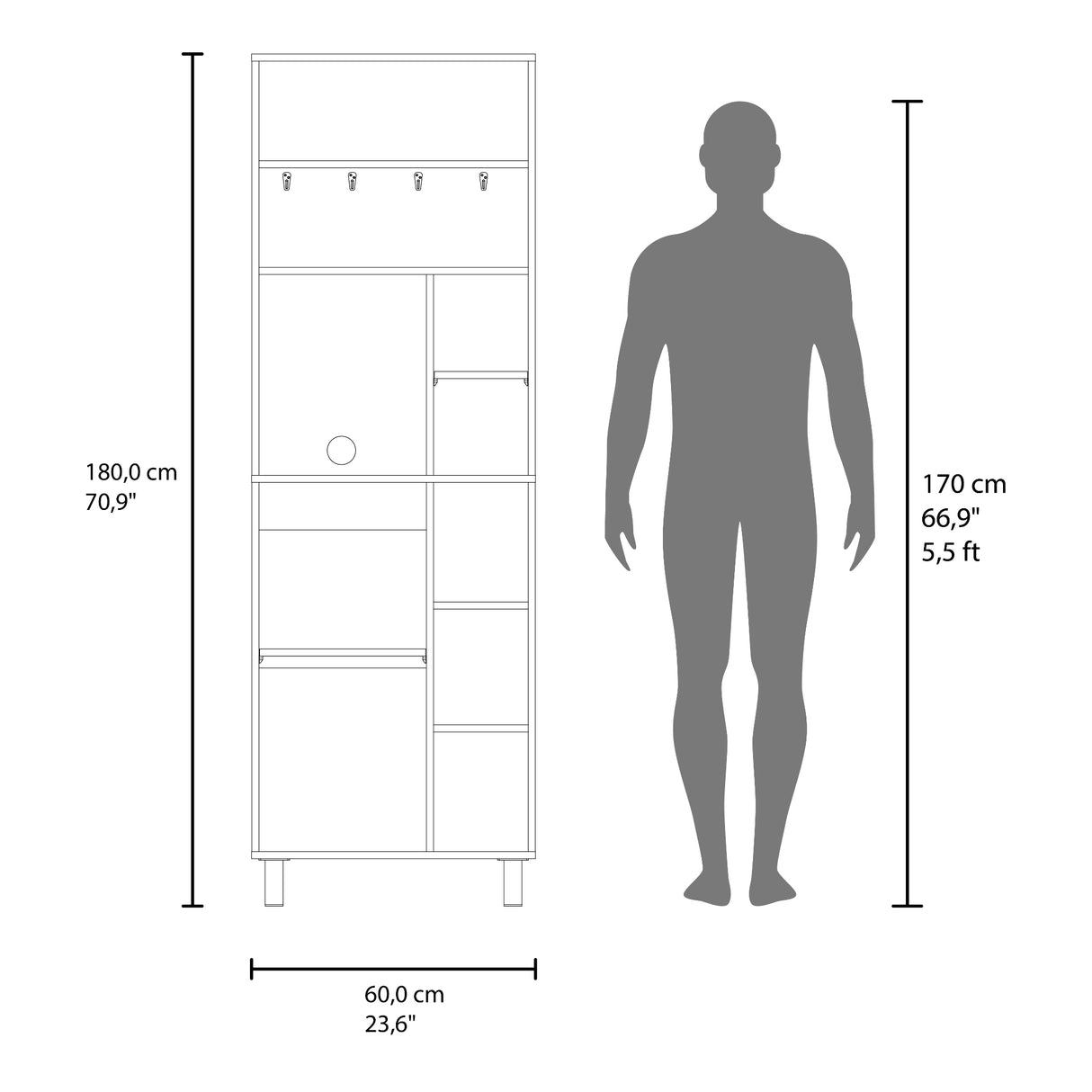 Mueble Auxiliar de Cocina Carajillo Blanco y Nogal 60x180cm con Cinco Compartimientos y con Cinco Entrepaños - BARRAS Y MUEBLES AUXILIARES | Bylmo