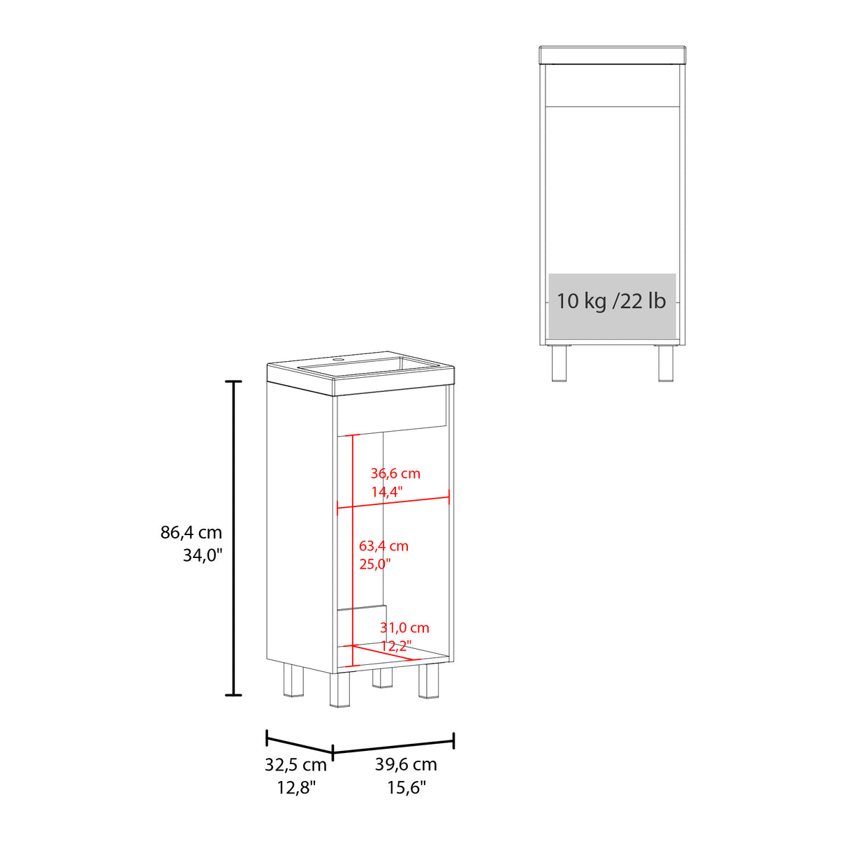 Mueble para Lavamanos Oxford Fresno Europeo 39.6x86.4cm Individual con Lavamanos y con Una Puerta