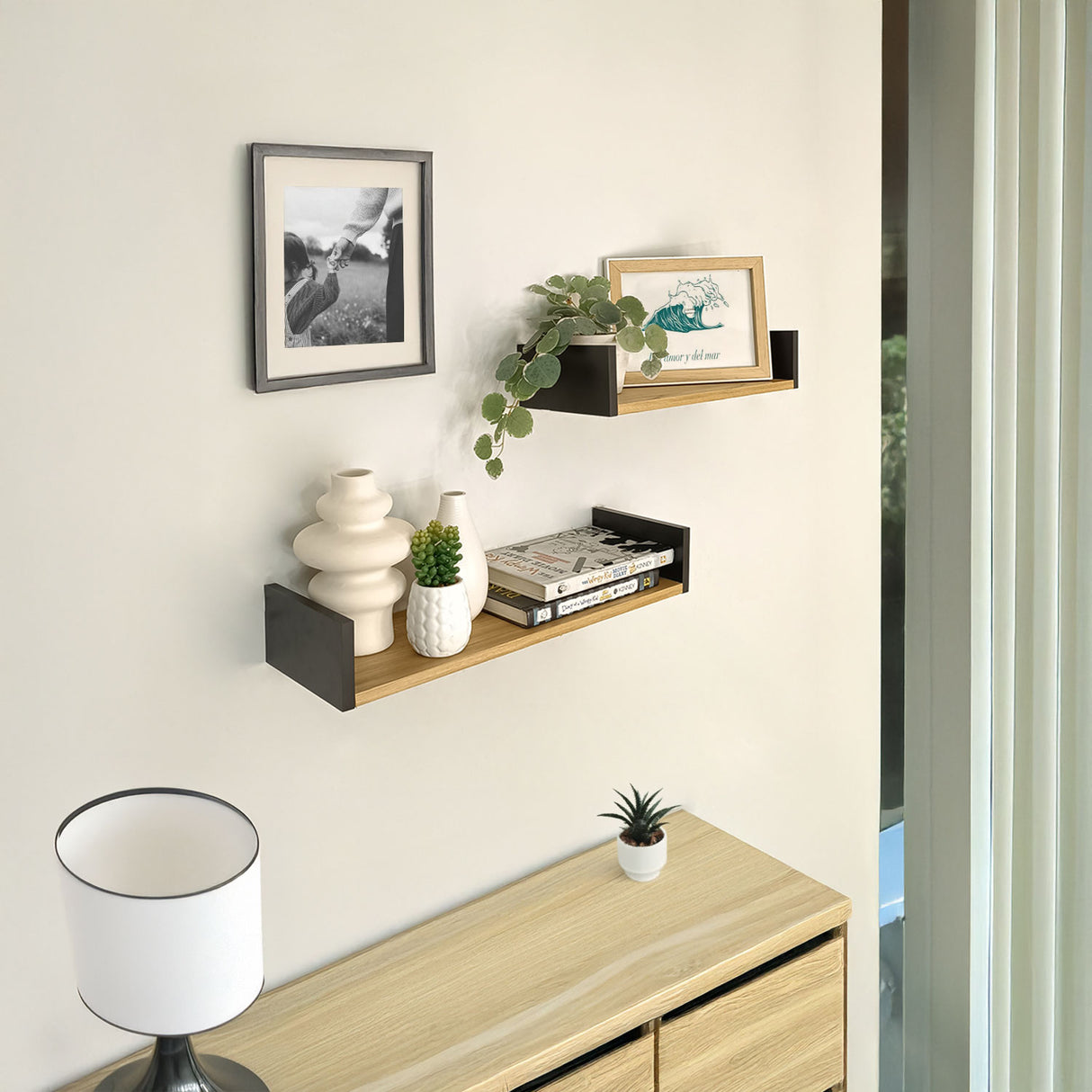 Set de 2 Repisas Toscana Madera Natural y Negro 57x8cm Rectangulares con Dos Entrepaños