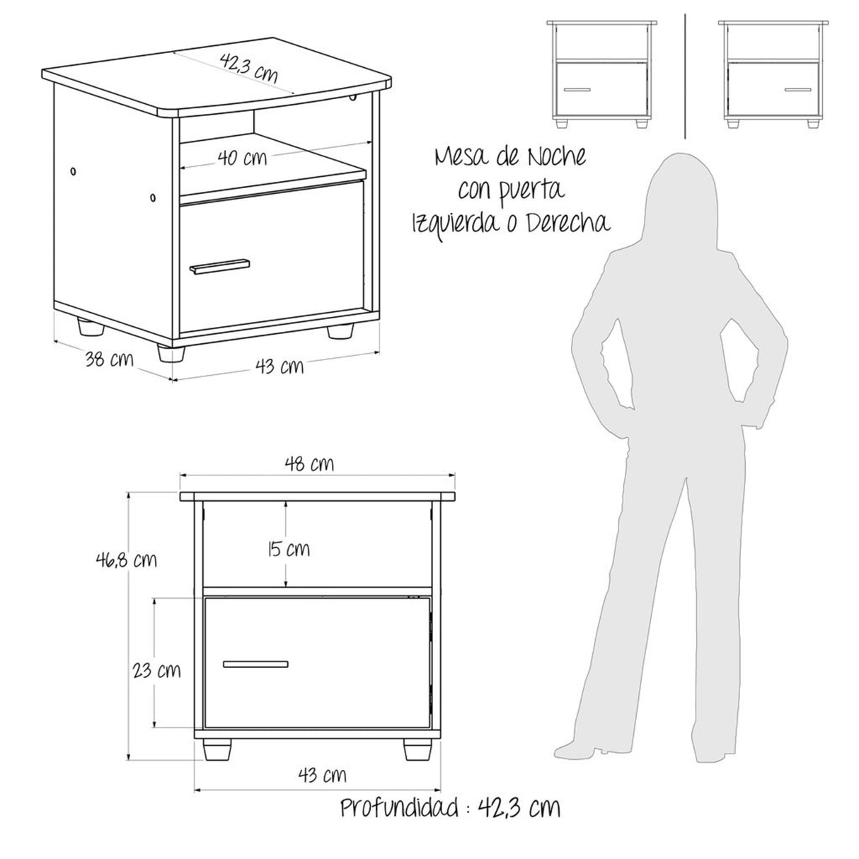 Mesa de Noche Emma Ceniza 48x46.8cm con Una Puerta y Un Entrepaño