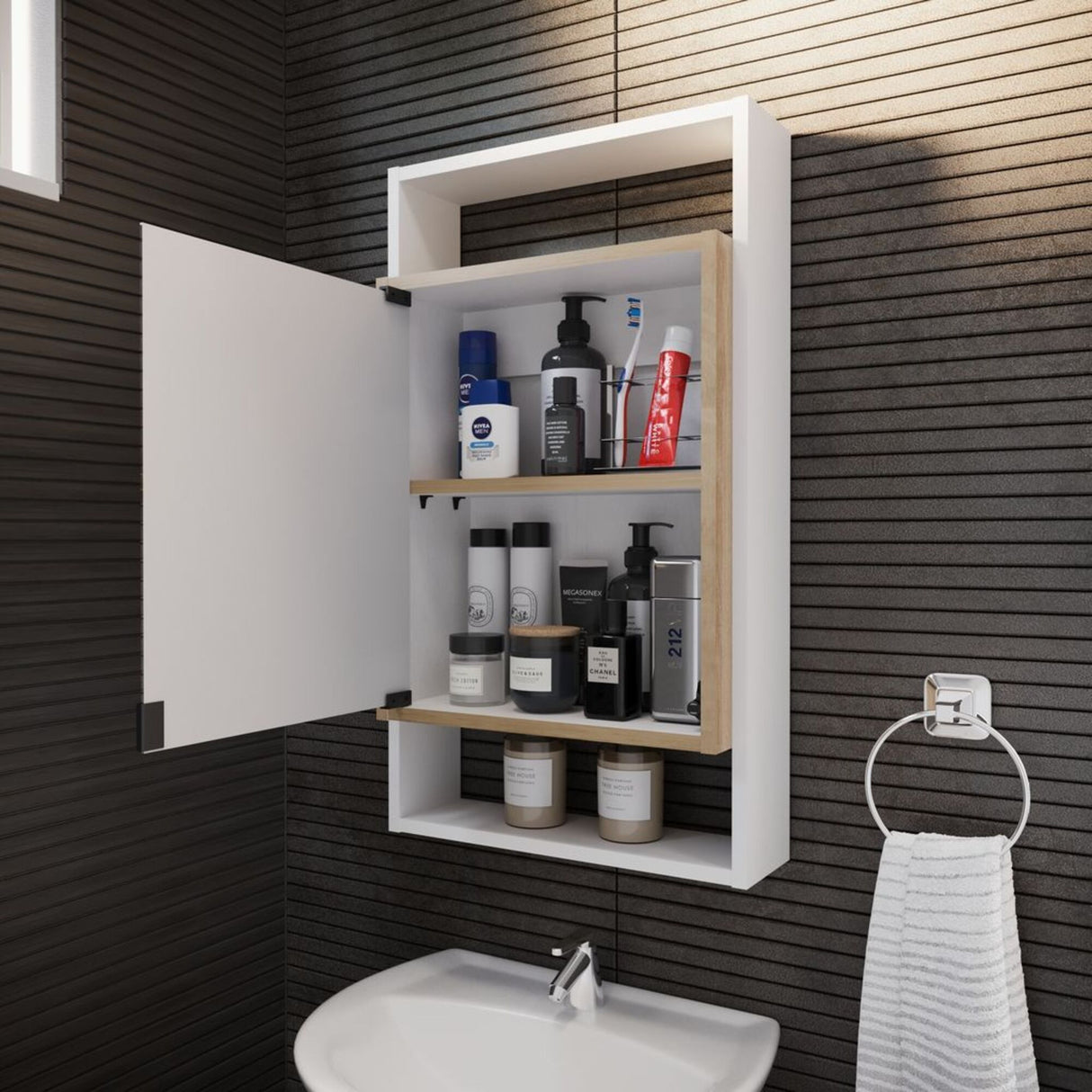 Gabinete con Espejo para Baño Galicia Rovere y Blanco 43x75cm Rectangular con Una Puerta y Tres Entrepaños