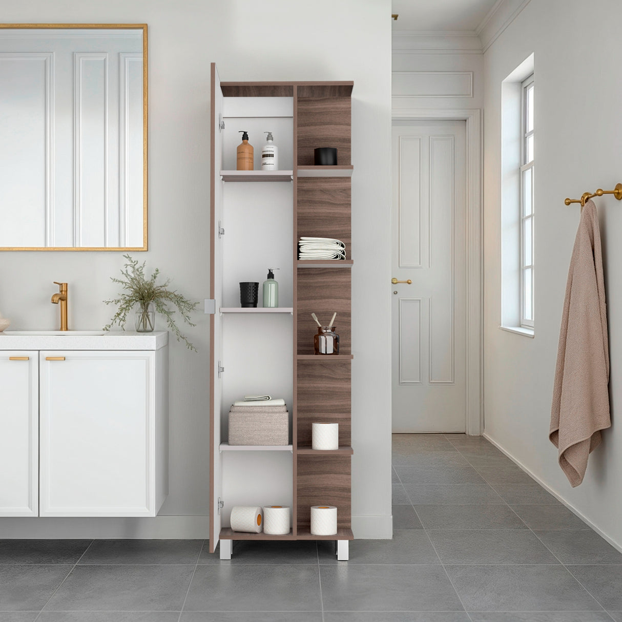 Optimizador de Baño Bath Avellana y Blanco 51.2x178.1cm con Siete Entrepaños