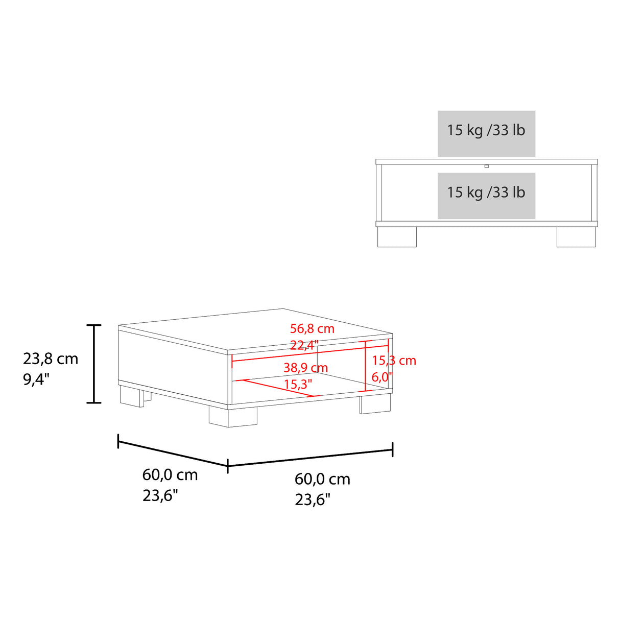 Mesa de Centro Marsella Cartagena y Avellana 60x23.8cm Cuadrado con Patas