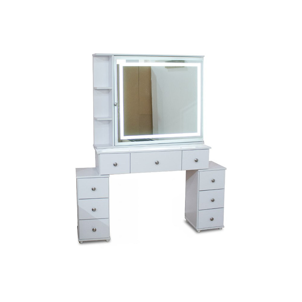 Tocador Jazmín Blanco 32x170cm de Un Puesto con Nueve Cajones con Espejo y con Iluminación