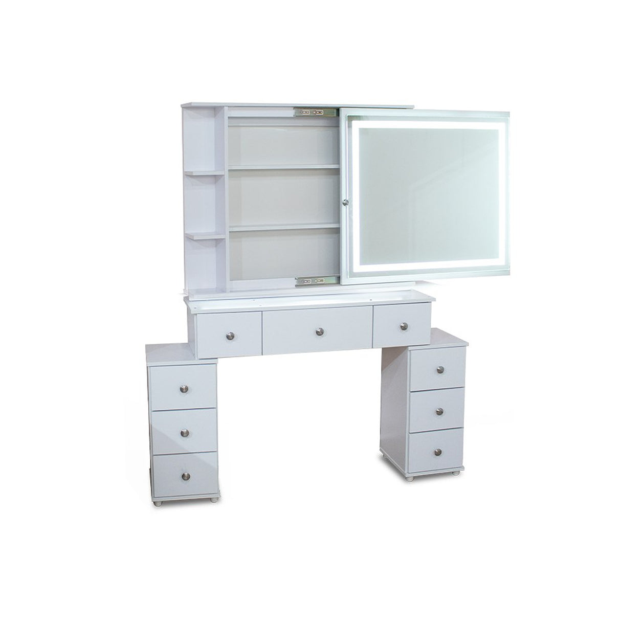 Tocador Jazmín Blanco 32x170cm de Un Puesto con Nueve Cajones con Espejo y con Iluminación