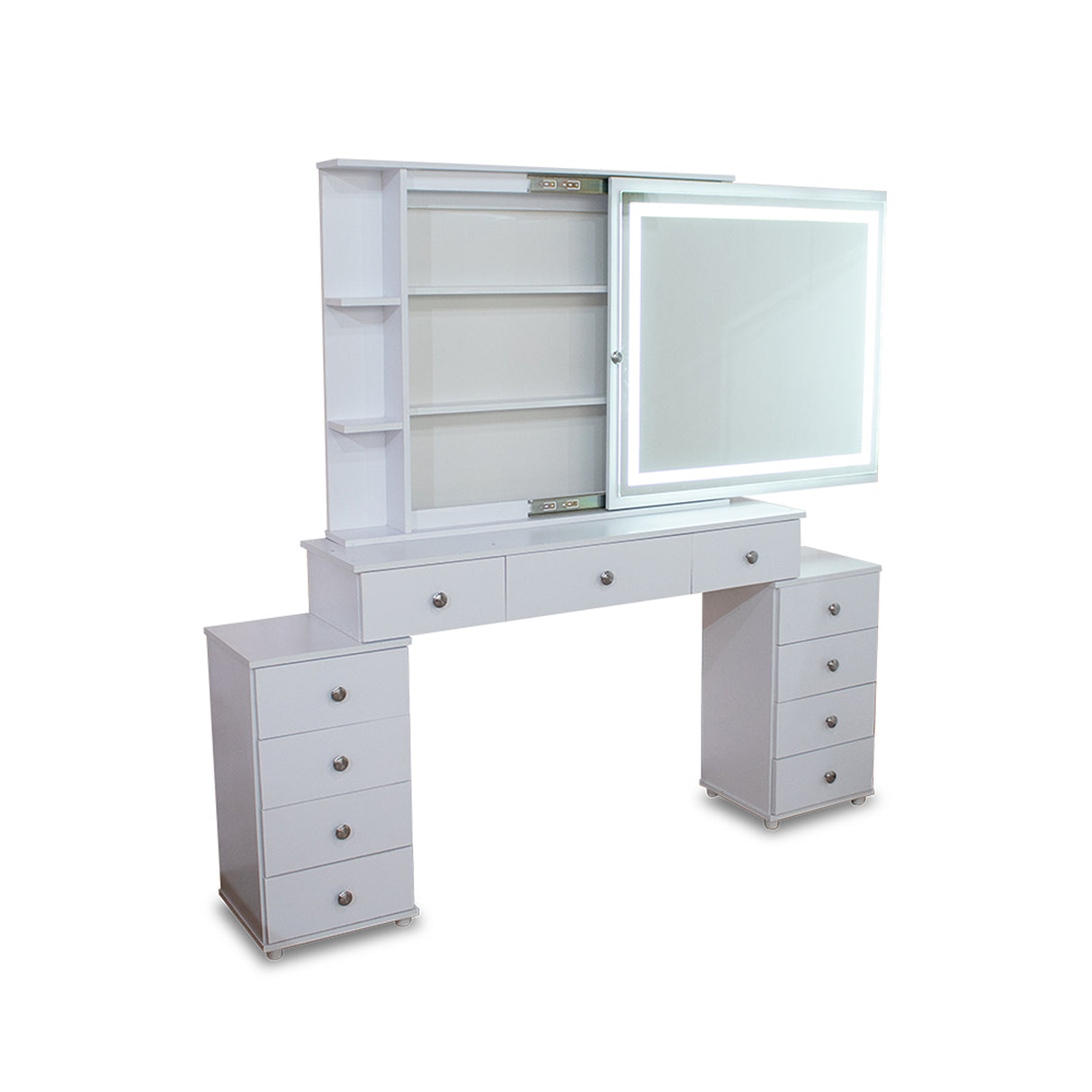 Tocador Jazmín Blanco 32x172cm de Un Puesto con Once Cajones con Espejo Corredizo y con Iluminación