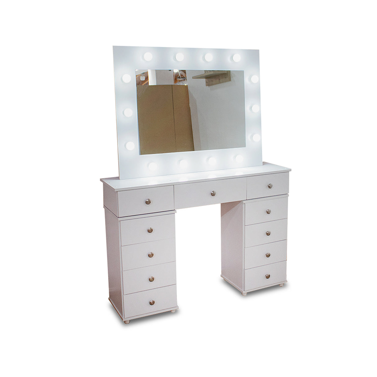 Tocador Jazmín Blanco 32x172cm de Un Puesto con Once Cajones con Espejo y con Iluminación de Bombillos