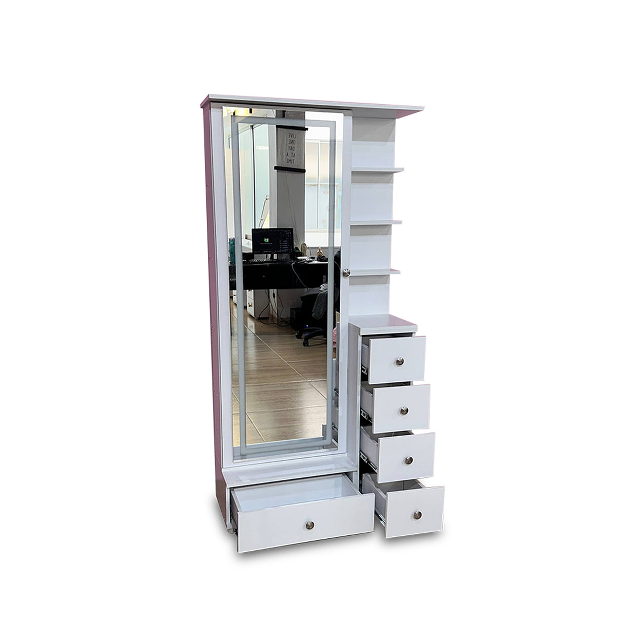 Tocador Vanity Blanco 32x180cm de Un Puesto con Seis Cajones con Espejo y con Iluminación