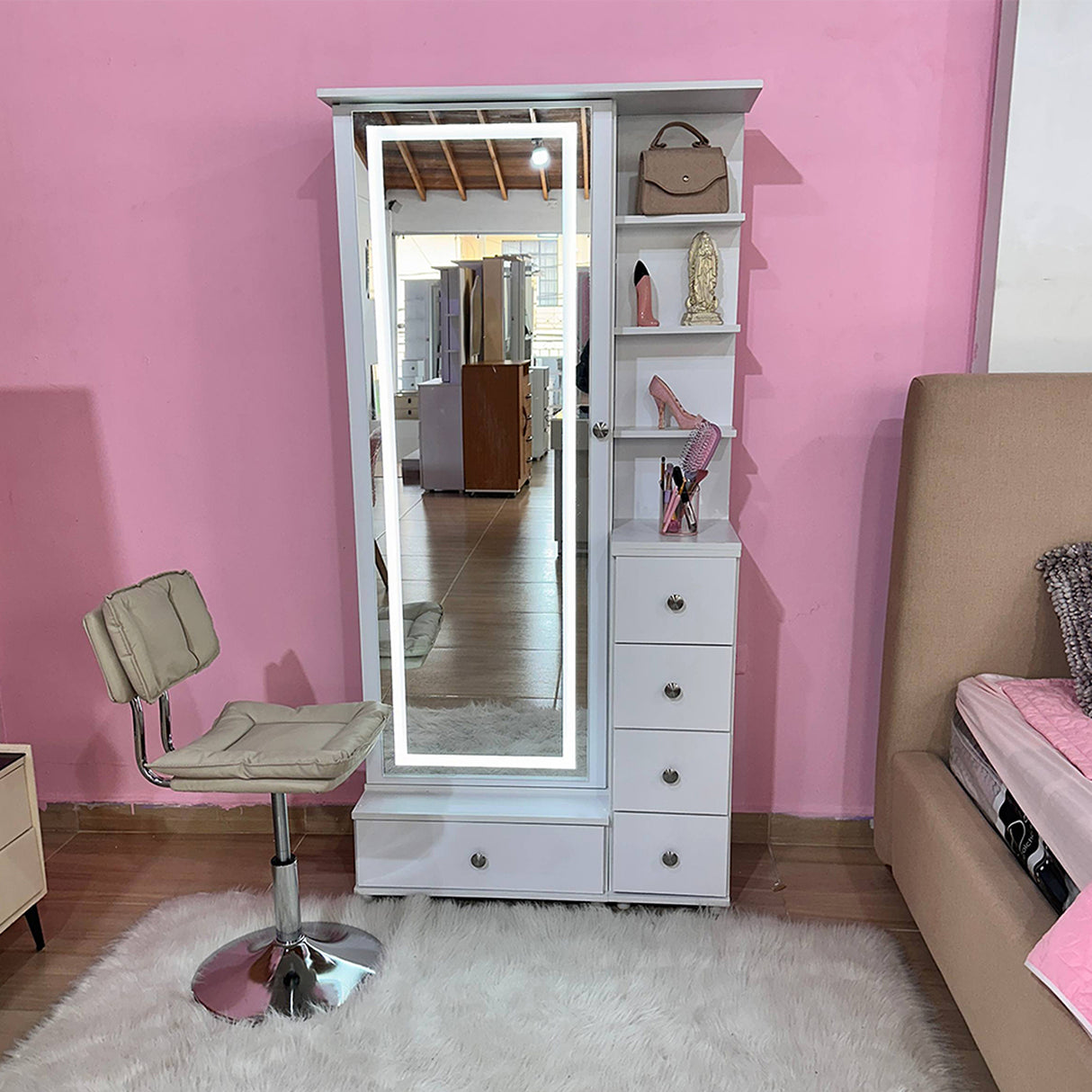 Tocador Vanity Blanco 32x180cm de Un Puesto con Seis Cajones con Espejo y con Iluminación
