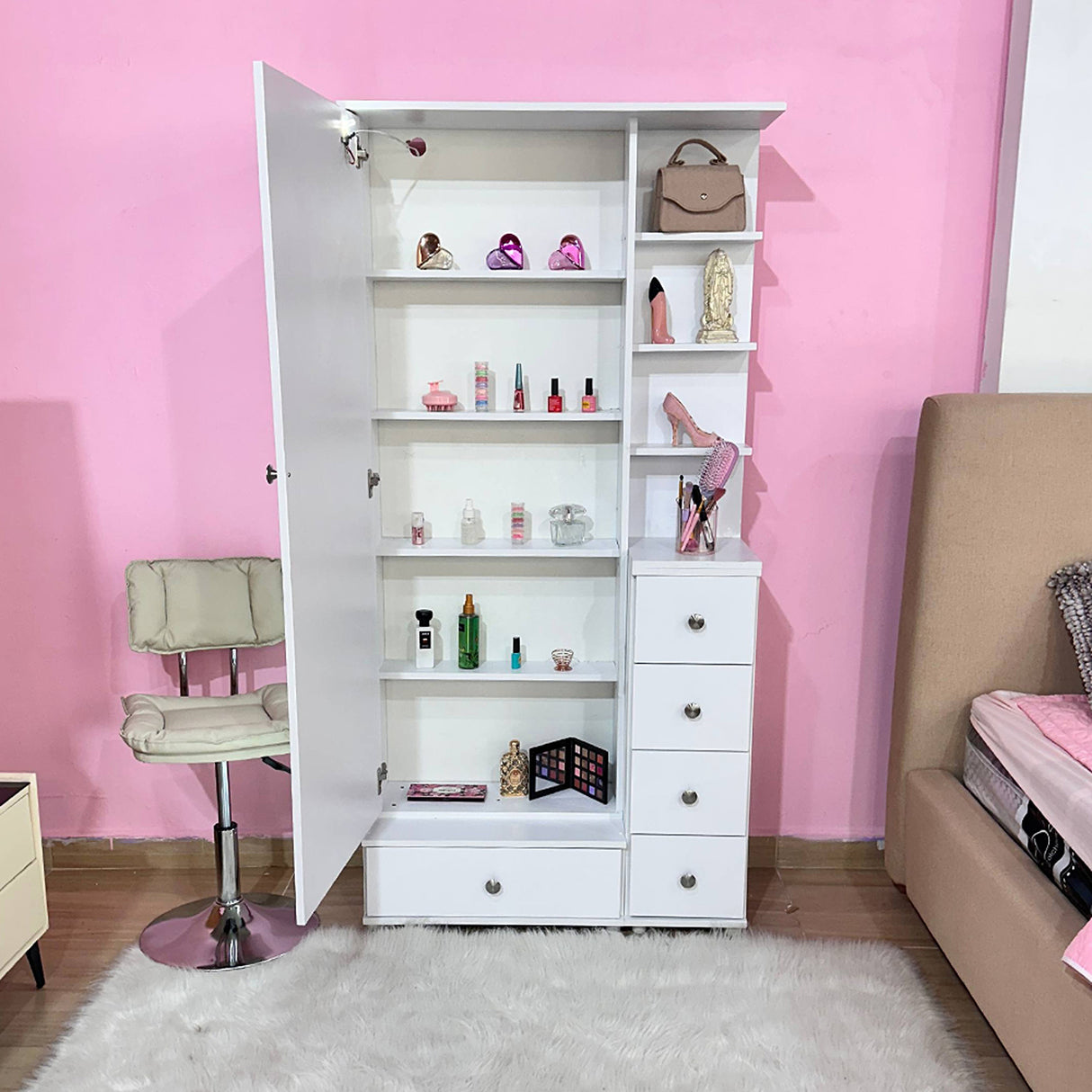 Tocador Vanity Blanco 32x180cm de Un Puesto con Seis Cajones con Espejo y con Iluminación