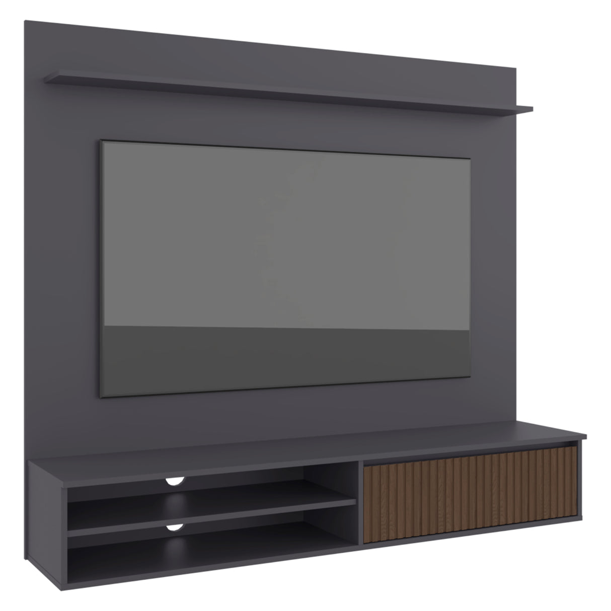 Panel de TV Bowie Plomo 162x143cm Flotante Para TV Hasta 65 Pulgadas con Dos Compartimientos y con Ranura para Cables