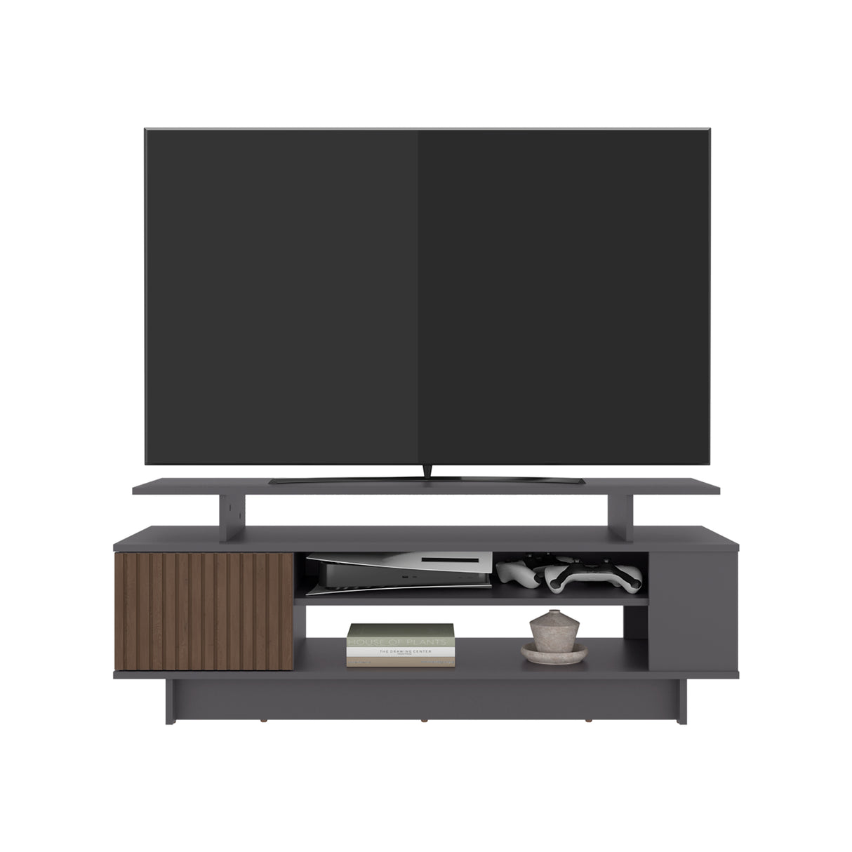 Rack de TV Bowie Plomo y Ocaso 130.2x46.1cm Para TV Hasta 55 Pulgadas con Tres Compartimientos y con Ranura para Cables